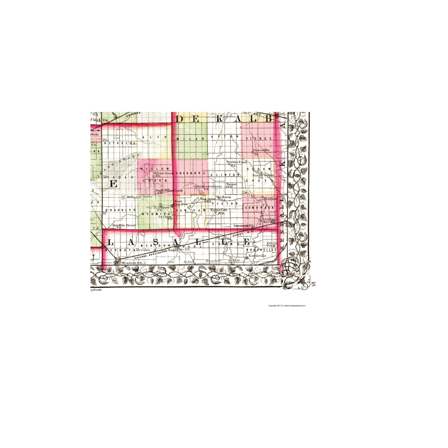 Historic County Map - De Kalb Ogle Lee Counties Illinois - Campbell 1870 - 23 x 27.44 - Vintage Wall Art