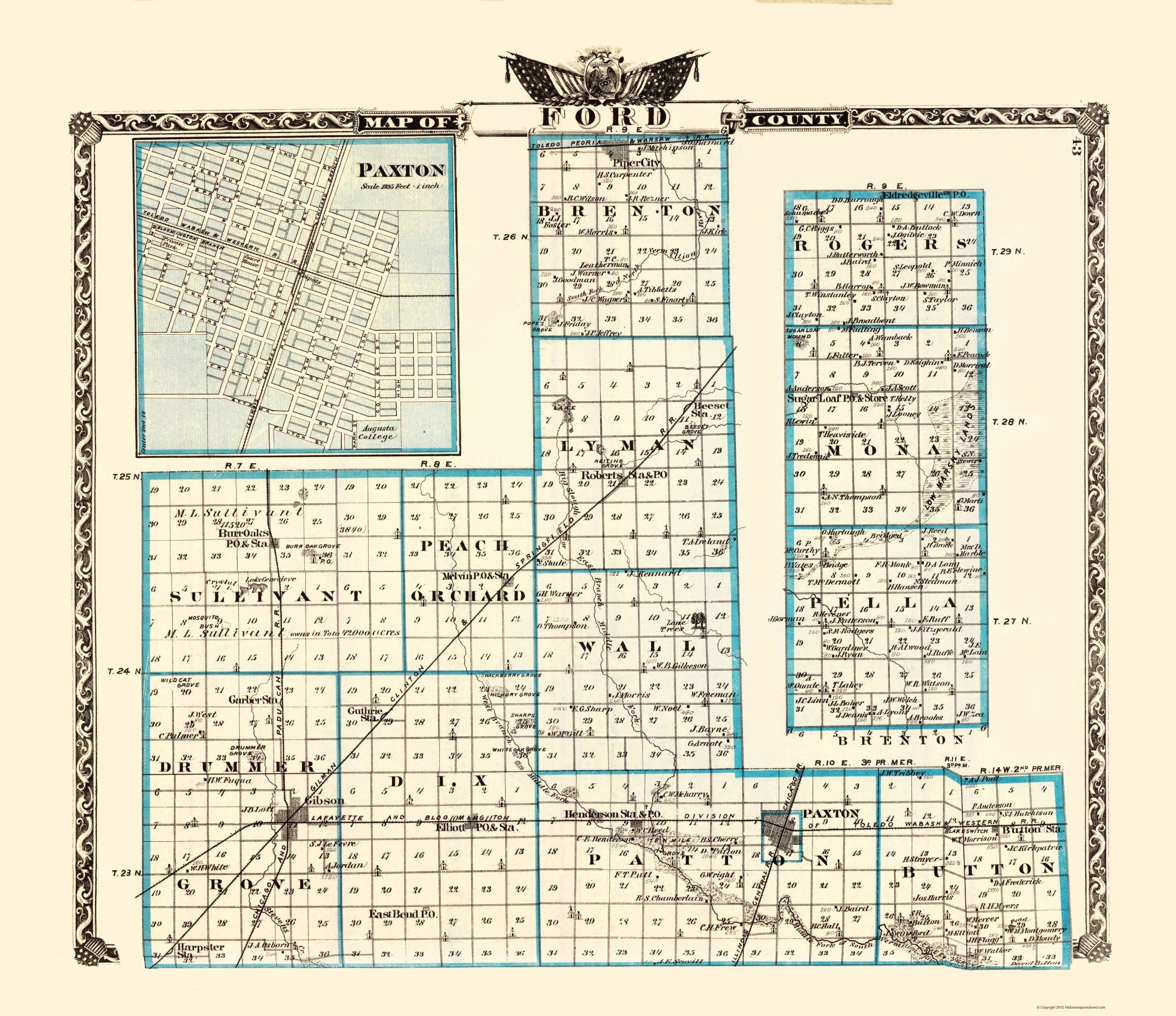 Historic County Map Ford County Illinois Warner 1870 23 X 2664 Maps Of The Past 7611