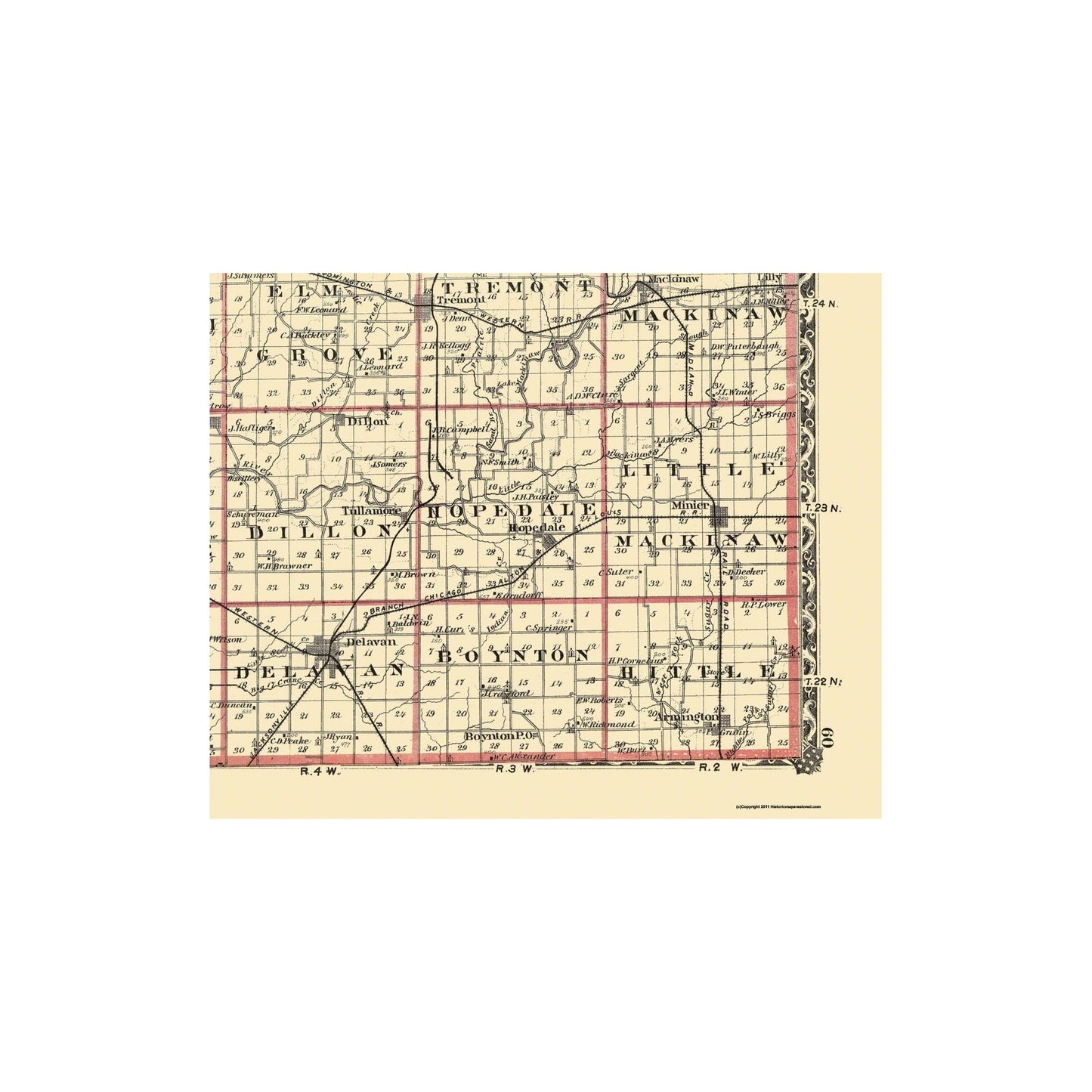 Historic County Map - Tazewell County Illinois - Warner 1876 - Vintage Wall Art