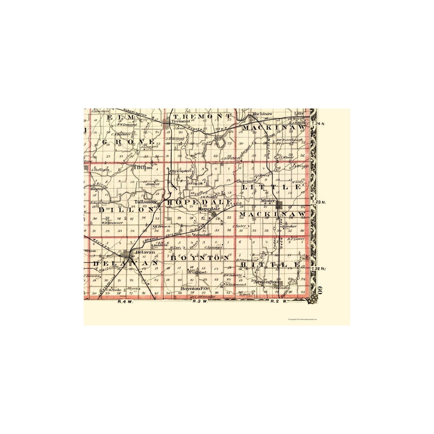 Historic County Map - Tazewell County Illinois - Warner 1870 - Vintage Wall Art