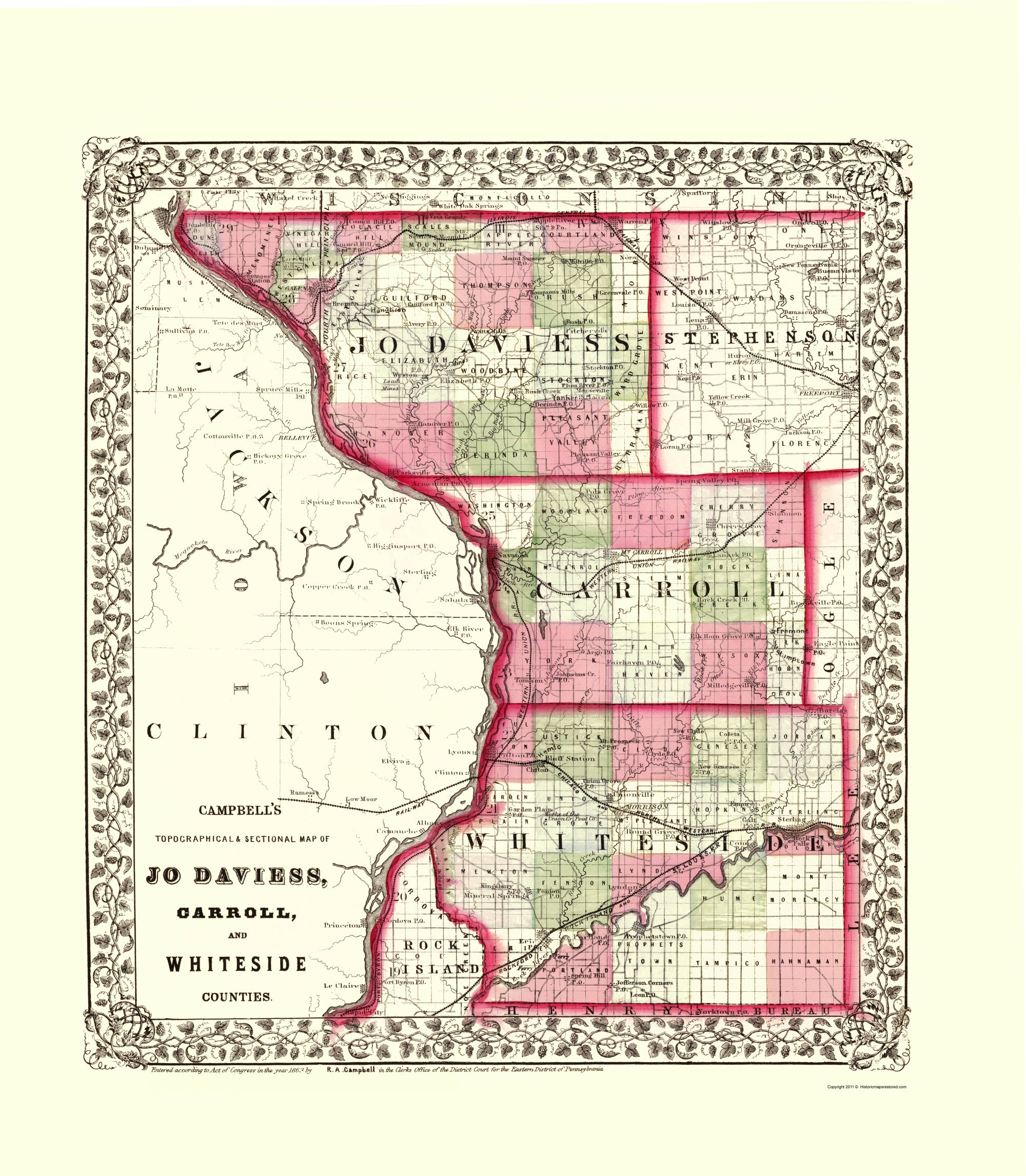 Historic County Map Whiteside Jo Daviess Carroll Counties Illinois Maps Of The Past 8522