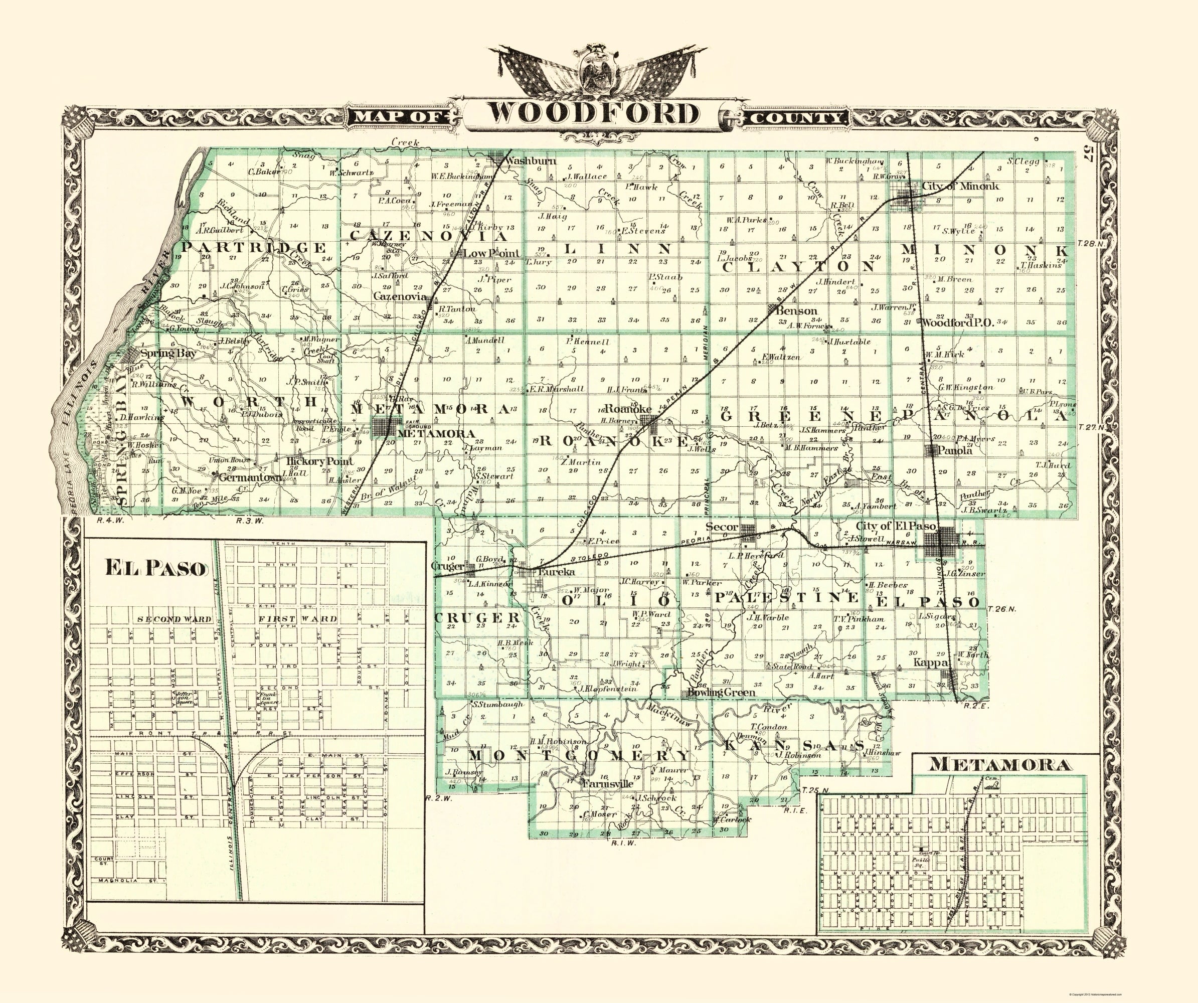 Historic County Map Woodford County Illinois Warner 1870 23 X 27 Maps Of The Past 5226