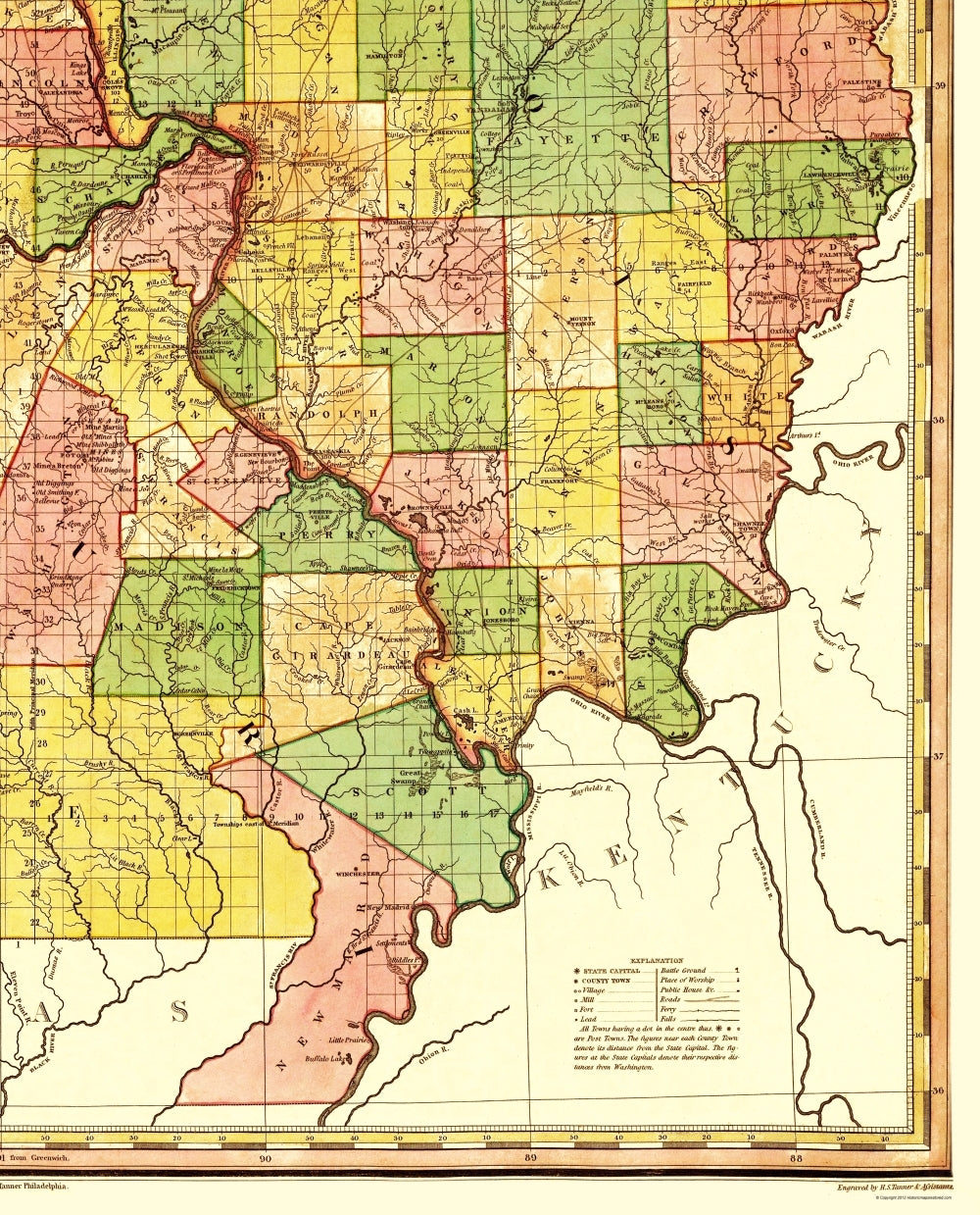 Historic State Map - Illinois Missouri - Tanner 1823 - 23 x 28.51 - Vintage Wall Art