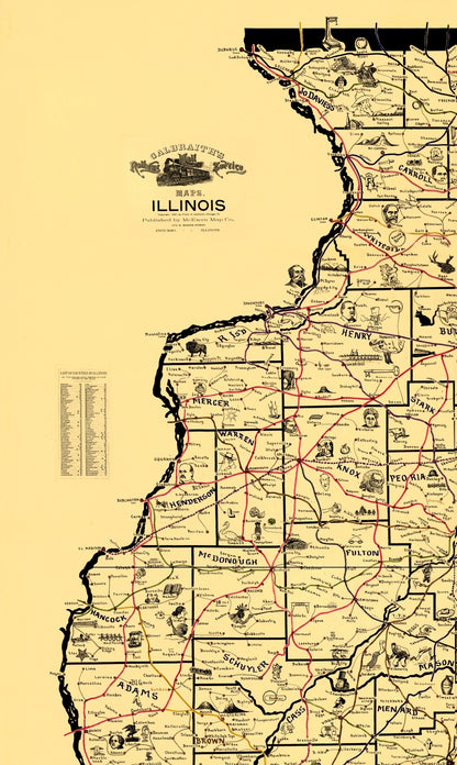 Railroad Map - Railroad Routes Illinois - McEwen 1897 - 23 x 38.51 - Vintage Wall Art