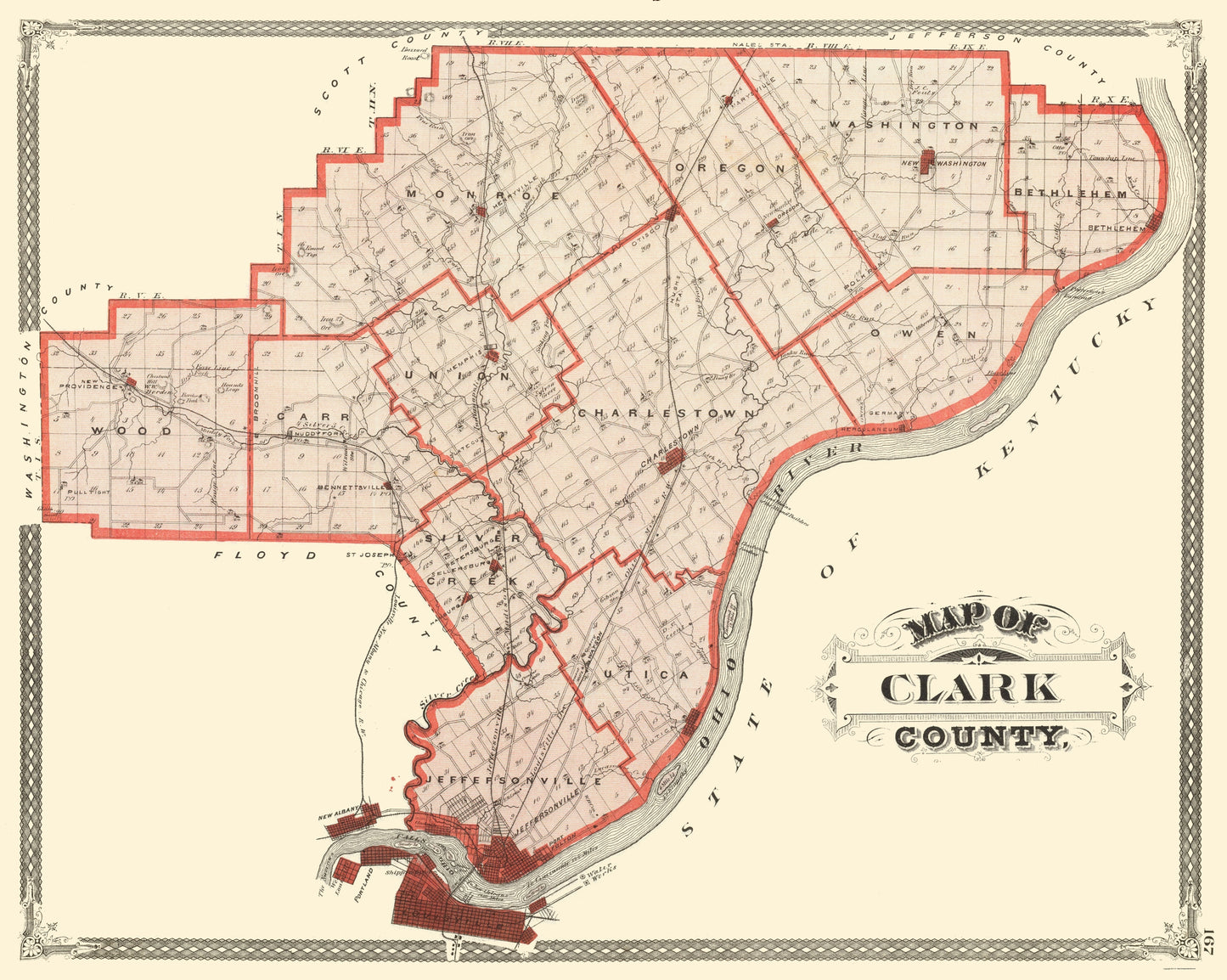 Historic County Map - Clark County Indiana - Baskin 1876 - 23 x 28.81 - Vintage Wall Art