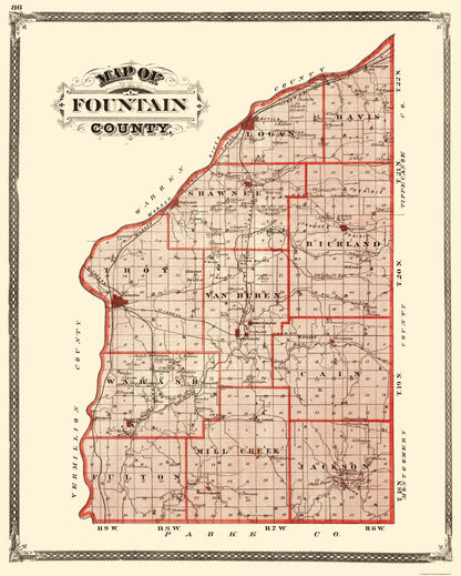 Historic County Map - Fountain County Indiana - Baskin 1876 - 23 x 28.71 - Vintage Wall Art