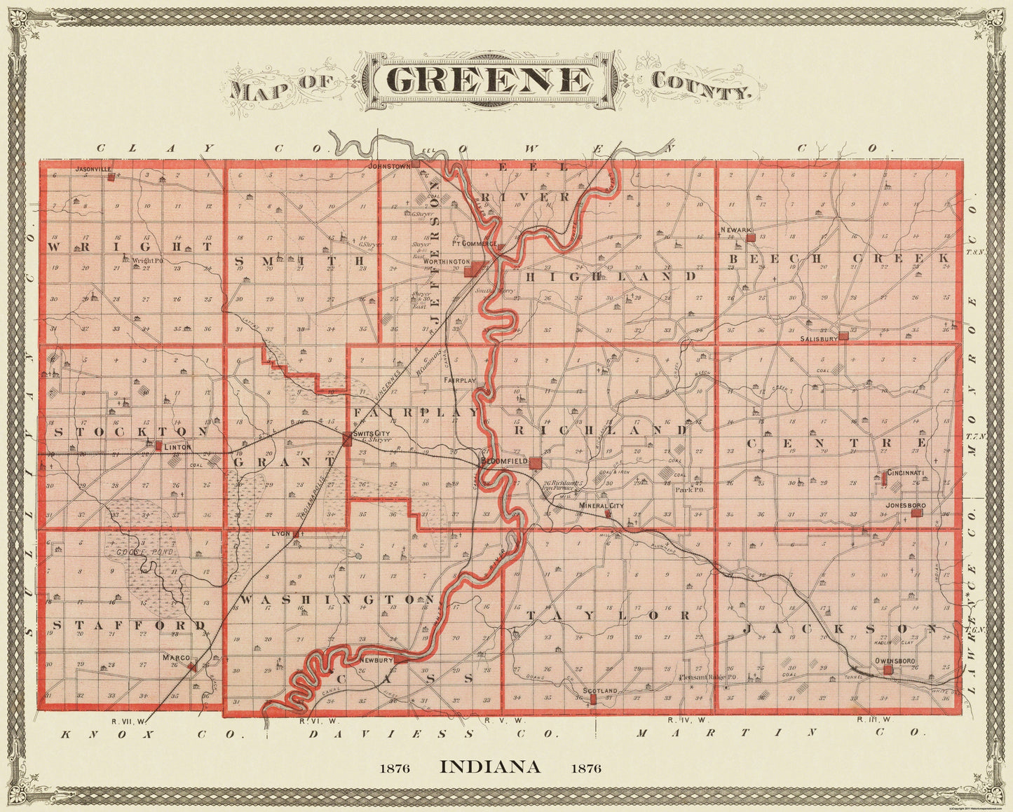 Historic County Map - Greene County Indiana - Andreas 1876 - 23 x 29 - Vintage Wall Art