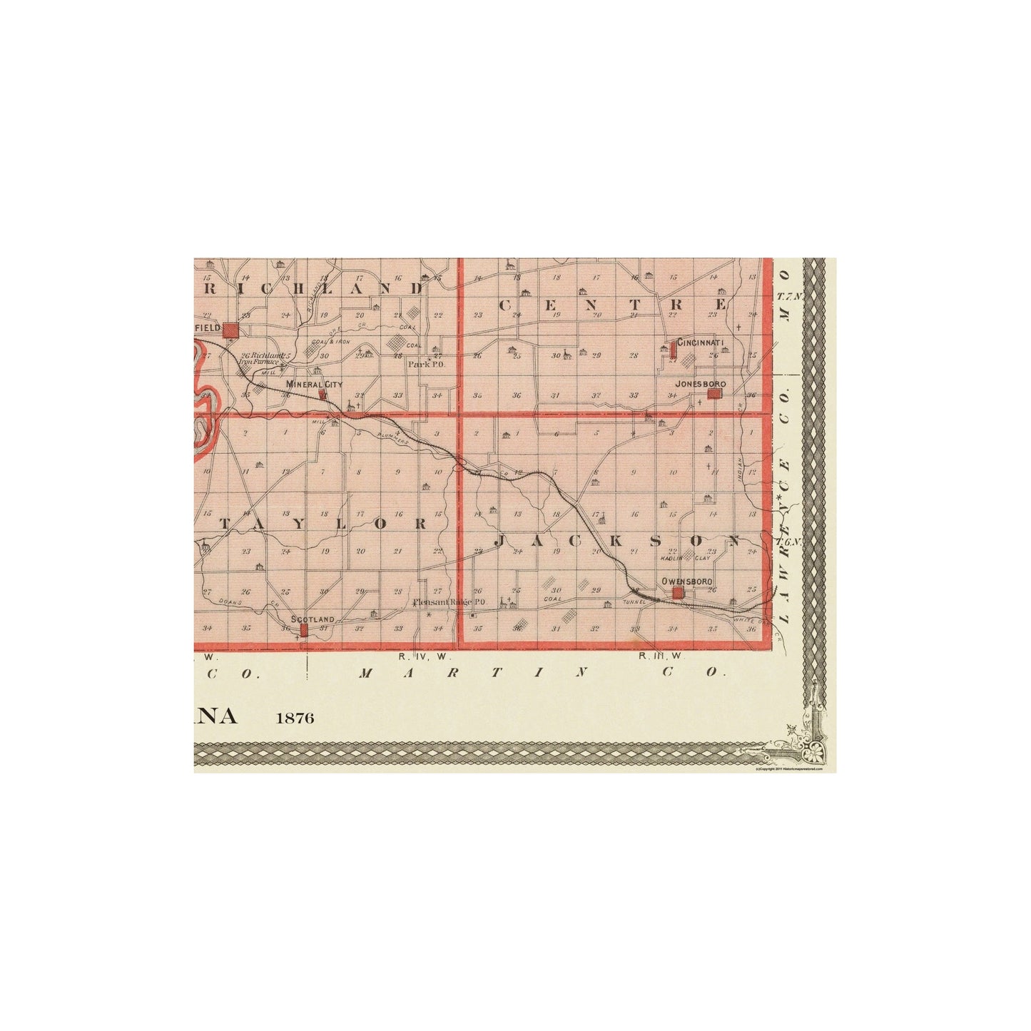 Historic County Map - Greene County Indiana - Andreas 1876 - 23 x 29 - Vintage Wall Art