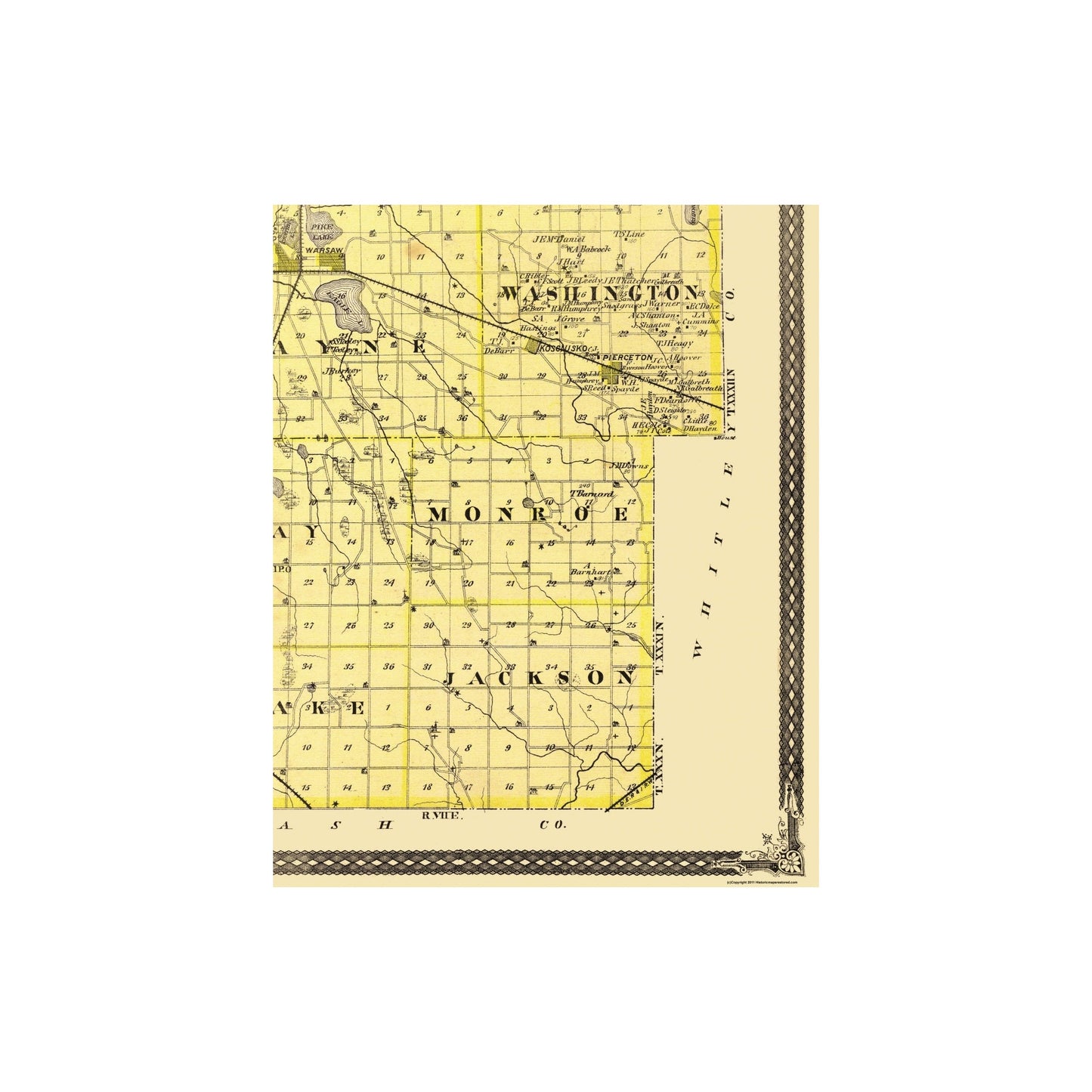 Historic County Map - Kosciusko County Indiana - Andreas 1876 - 23 x 28.75 - Vintage Wall Art