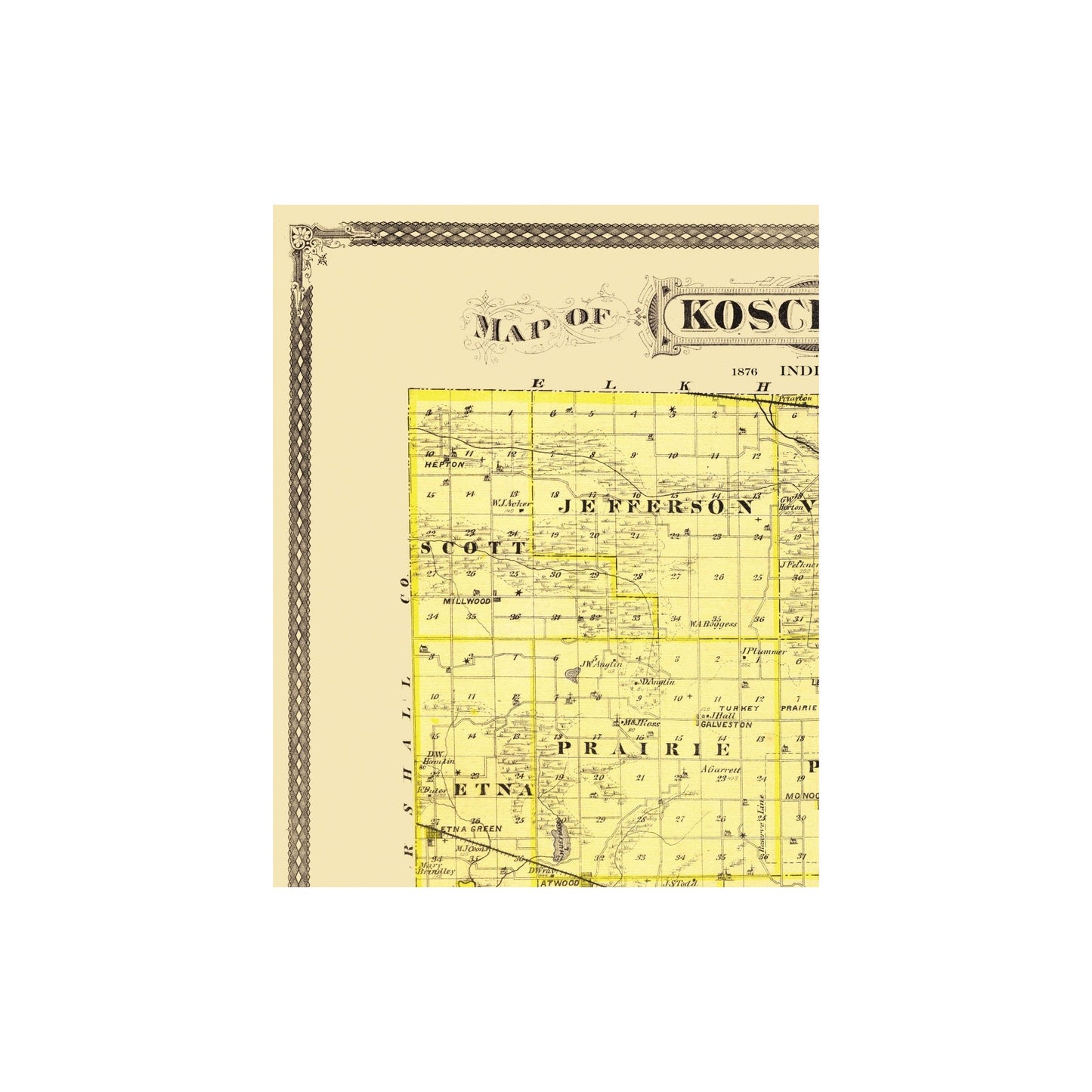 Historic County Map - Kosciusko County Indiana - Andreas 1876 - 23 x 28.75 - Vintage Wall Art