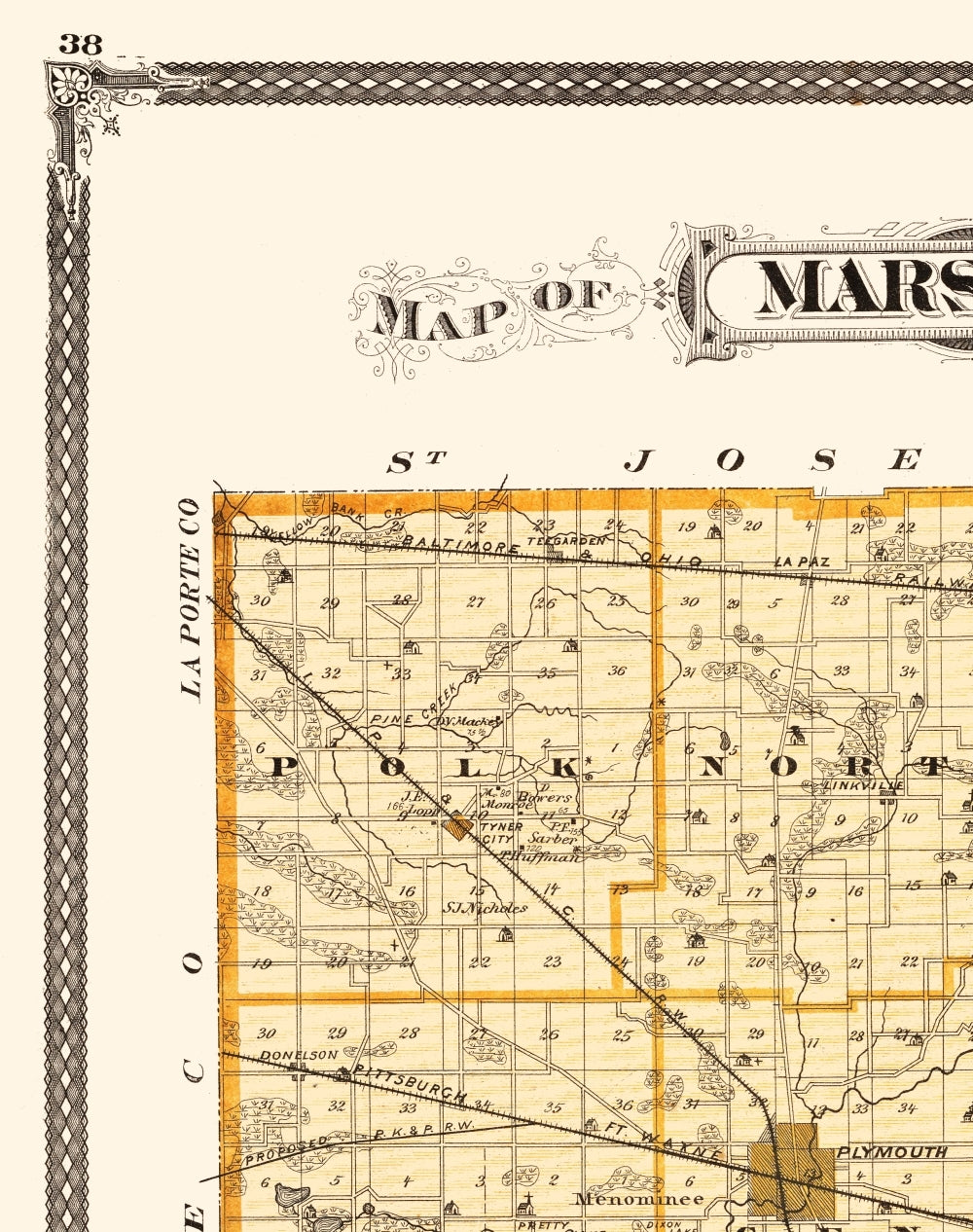 Historic County Map - Marshall County Indiana - Baskin 1876 - 23 x 29.13 - Vintage Wall Art