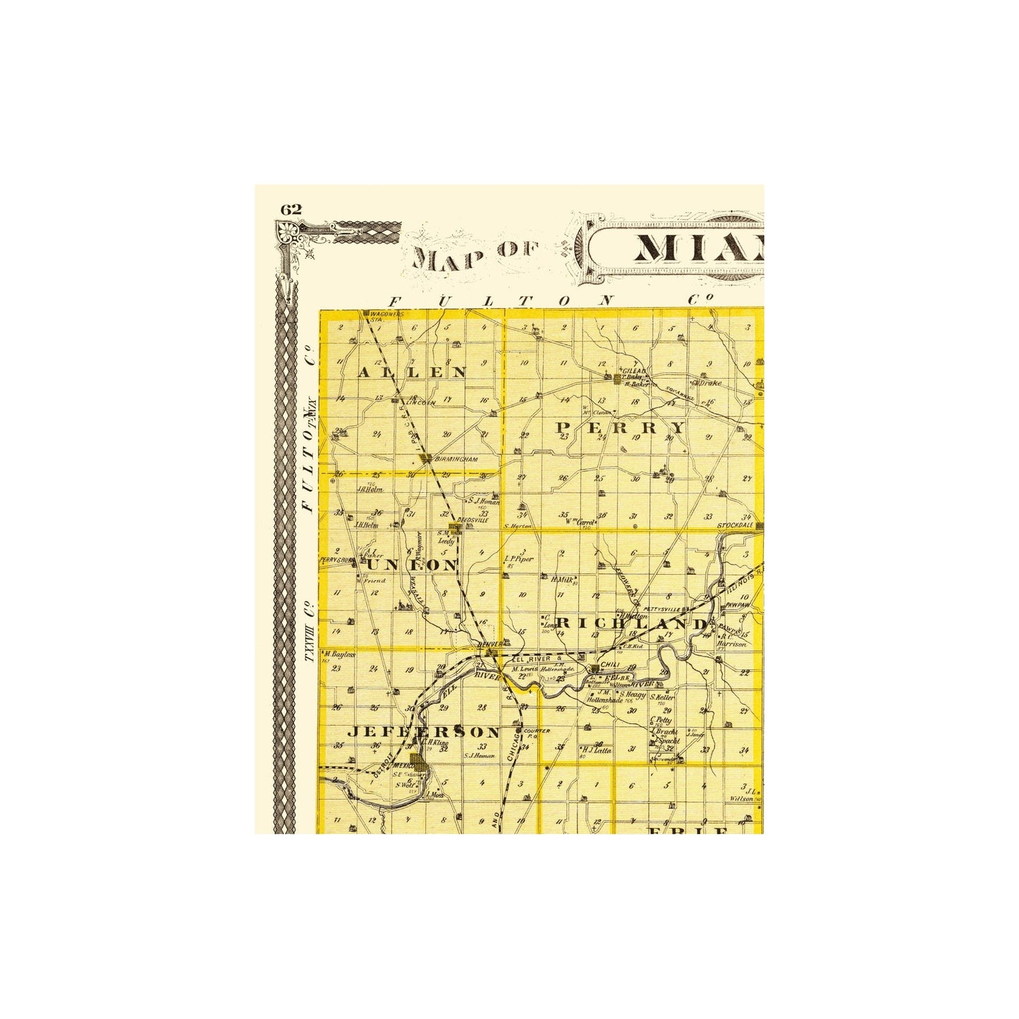 Historic County Map - Miami County Indiana - Baskin 1876 - 23 x 29.33 - Vintage Wall Art