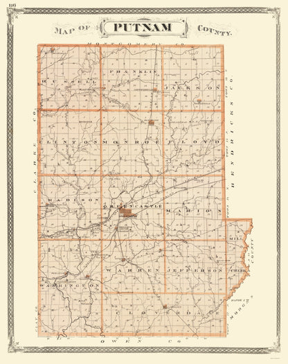 Historic County Map - Putnam County Indiana - Baskin 1876 - 23 x 29.00 - Vintage Wall Art