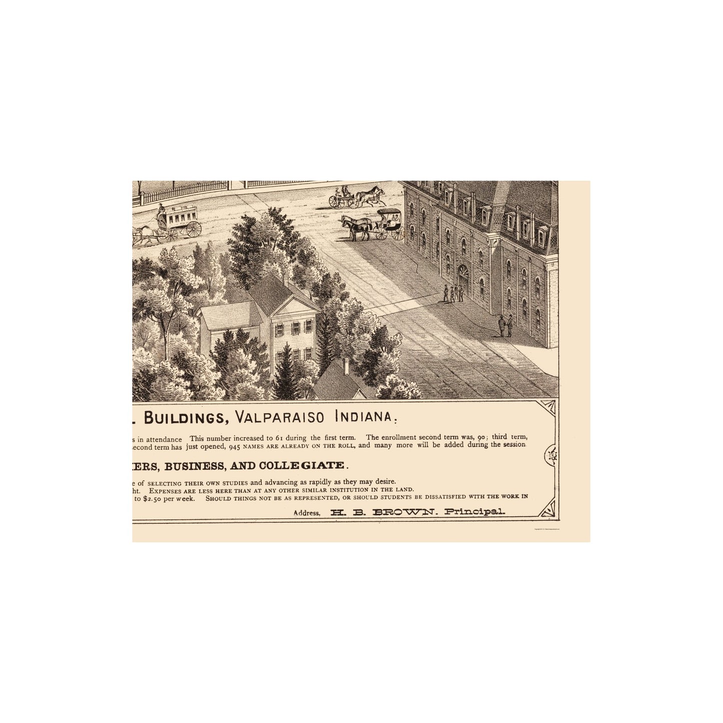 Historic Panoramic View - Normal School Buildings Valparaiso Indiana - Baskin 1876 - 23 x 29.16 - Vintage Wall Art