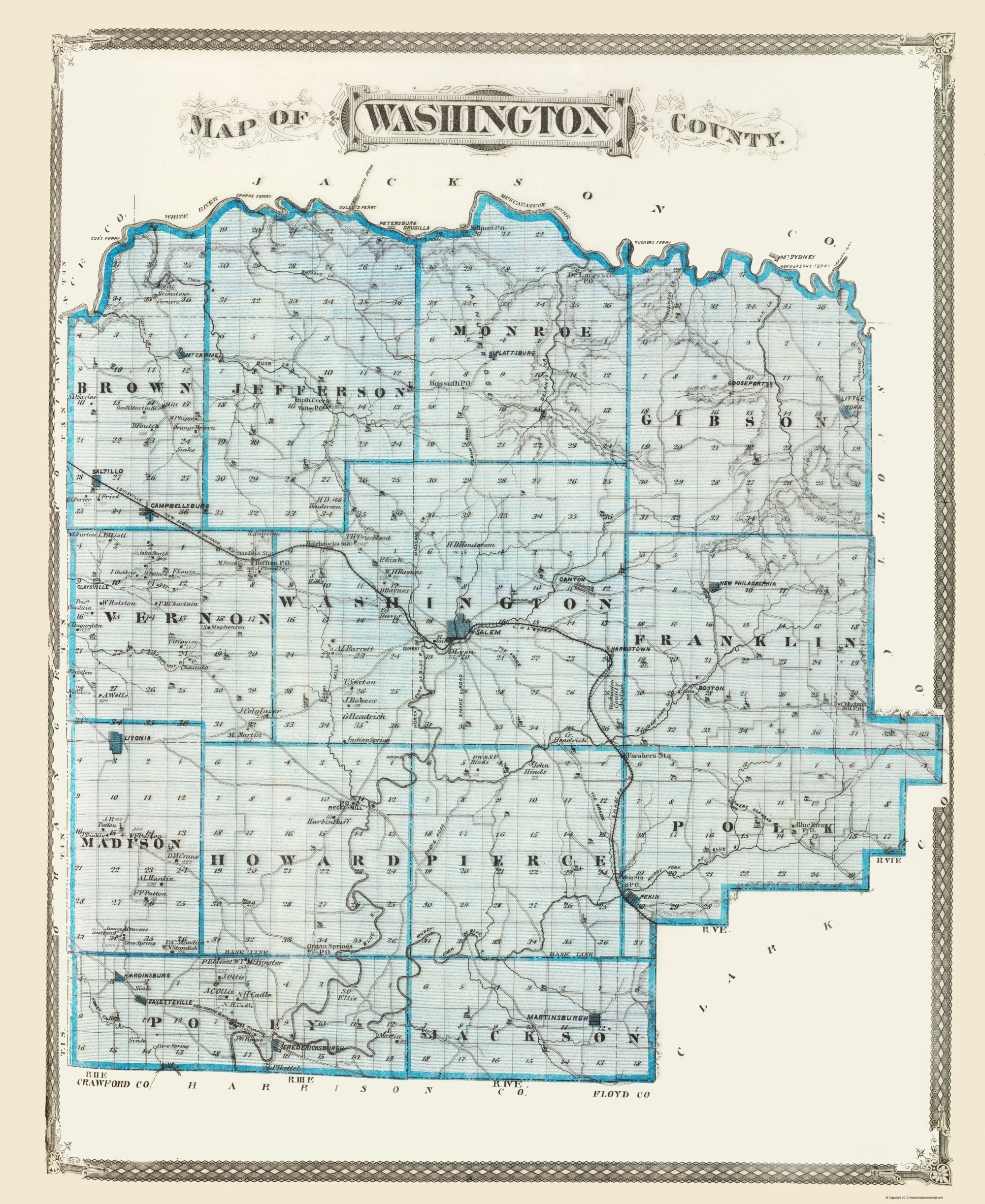 Historic County Map Washington County Indiana Baskin 1876 23 X 2 Maps Of The Past 0622