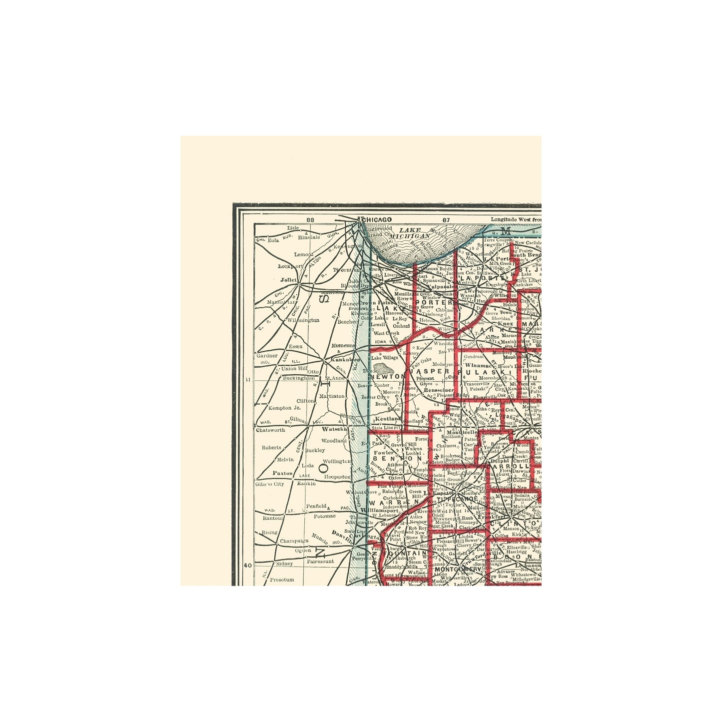 Historic State Map - Indiana - Rathbun 1893 - 23 x 28.68 - Vintage Wall Art