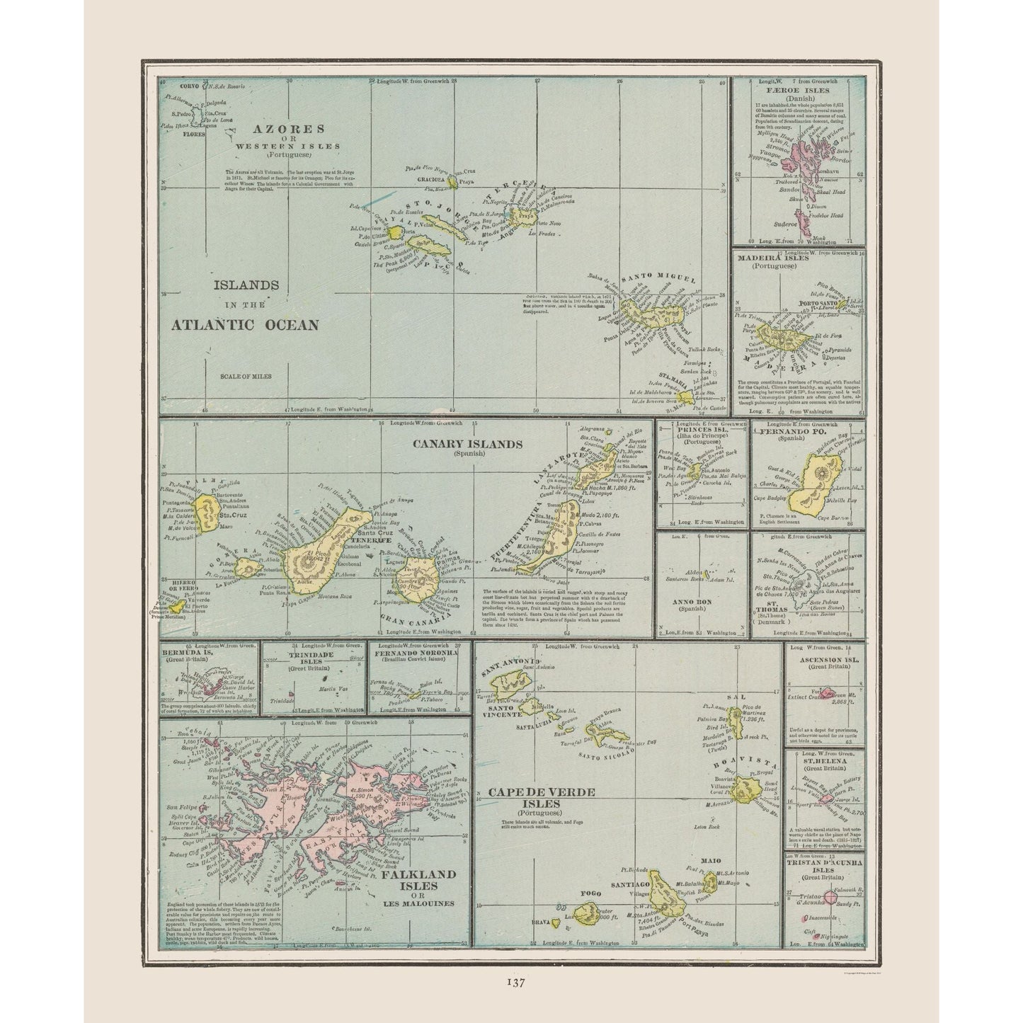 Historic Nautical Map - Atlantic Ocean Islands - Cram 1892 - 23 x 27.51 - Vintage Wall Art
