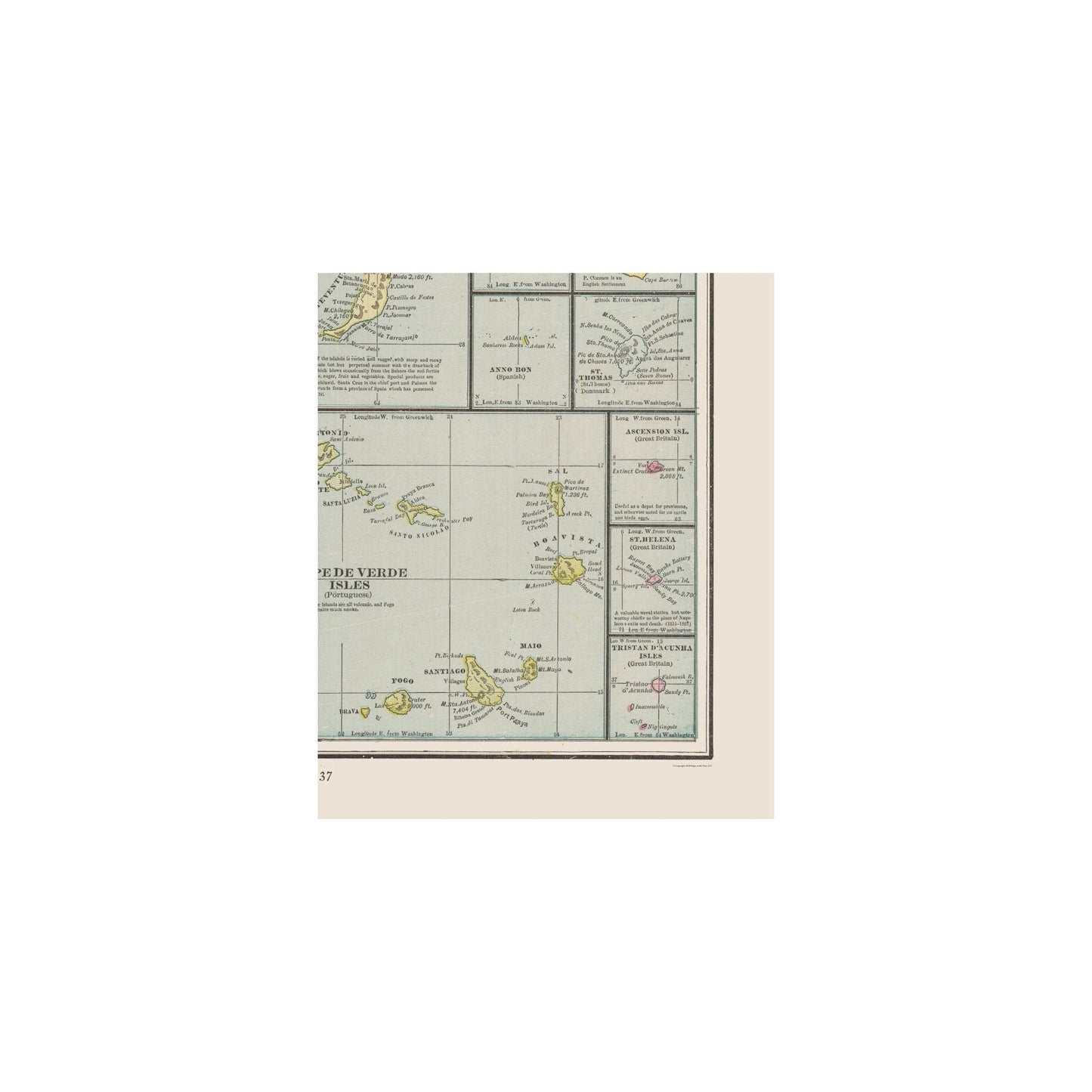 Historic Nautical Map - Atlantic Ocean Islands - Cram 1892 - 23 x 27.51 - Vintage Wall Art