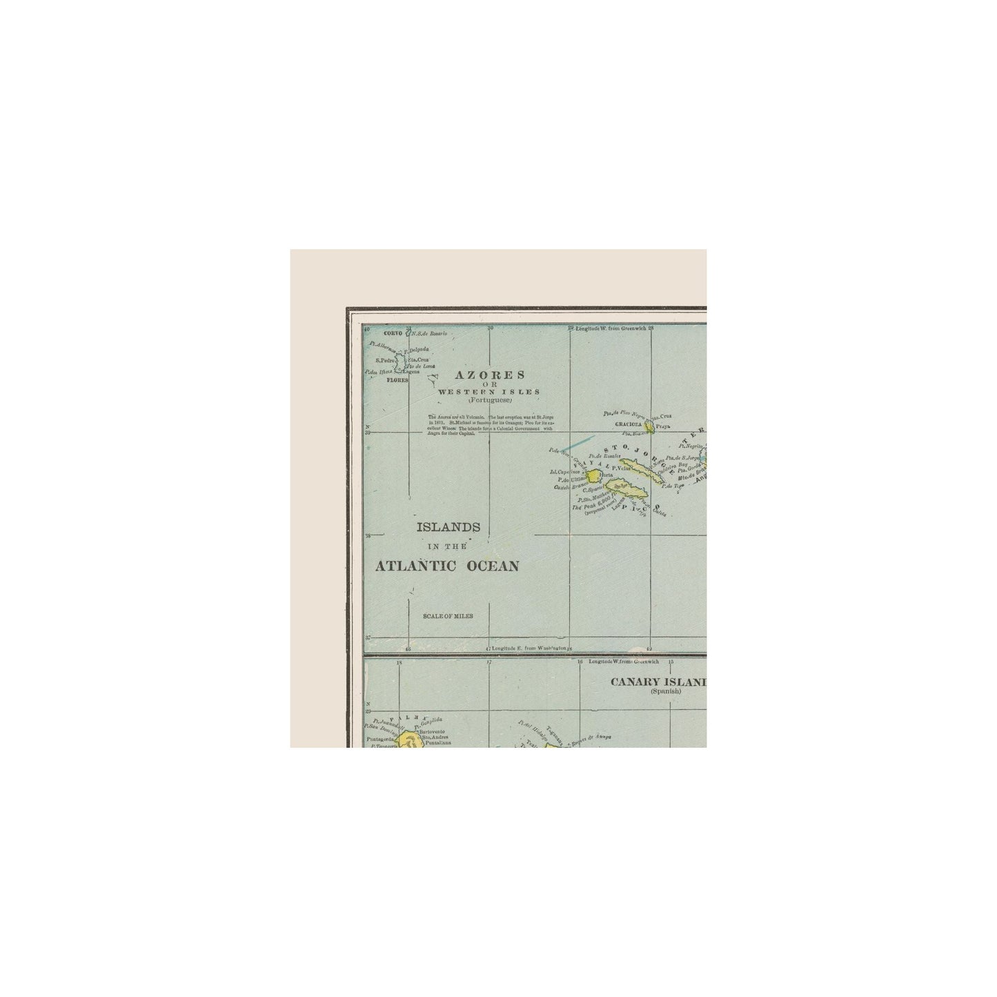 Historic Nautical Map - Atlantic Ocean Islands - Cram 1892 - 23 x 27.51 - Vintage Wall Art