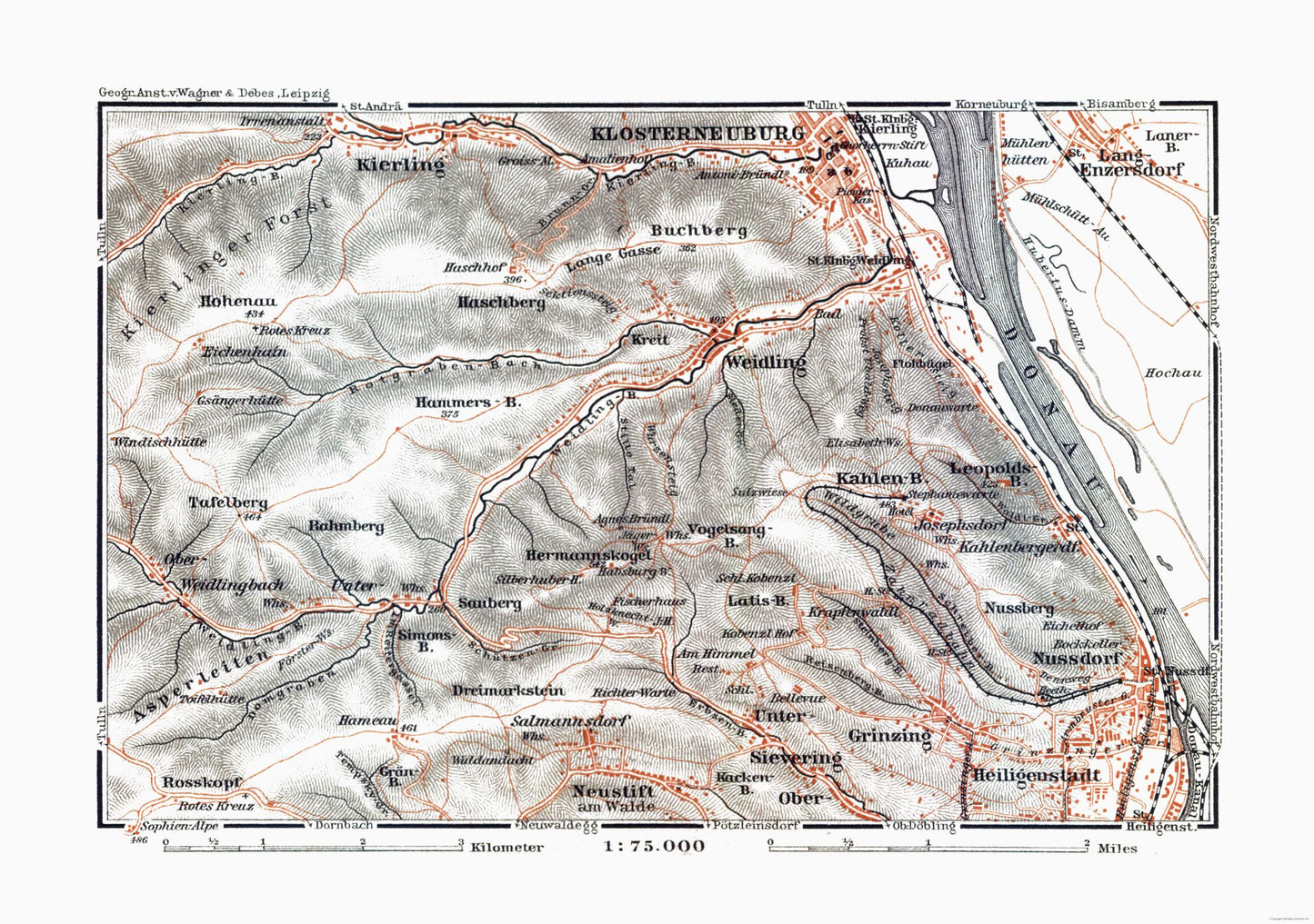 Historic Map - Klosterneuburg Region Austria - Baedeker 1910 - 32.69 x 23 - Vintage Wall Art