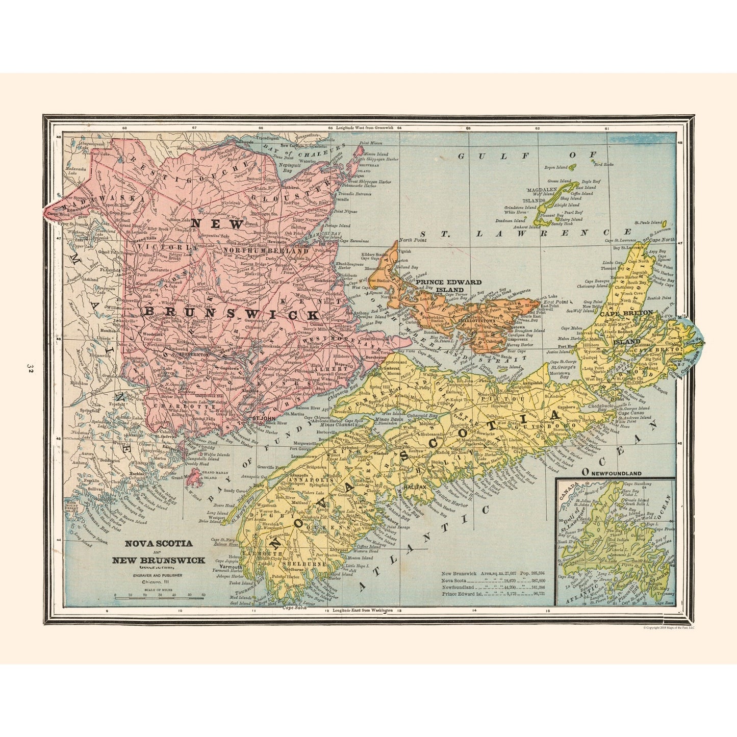 Historic Map - New Brunswick Nova Scotia Canada - Cram 1888 - 28.65 x 23 - Vintage Wall Art
