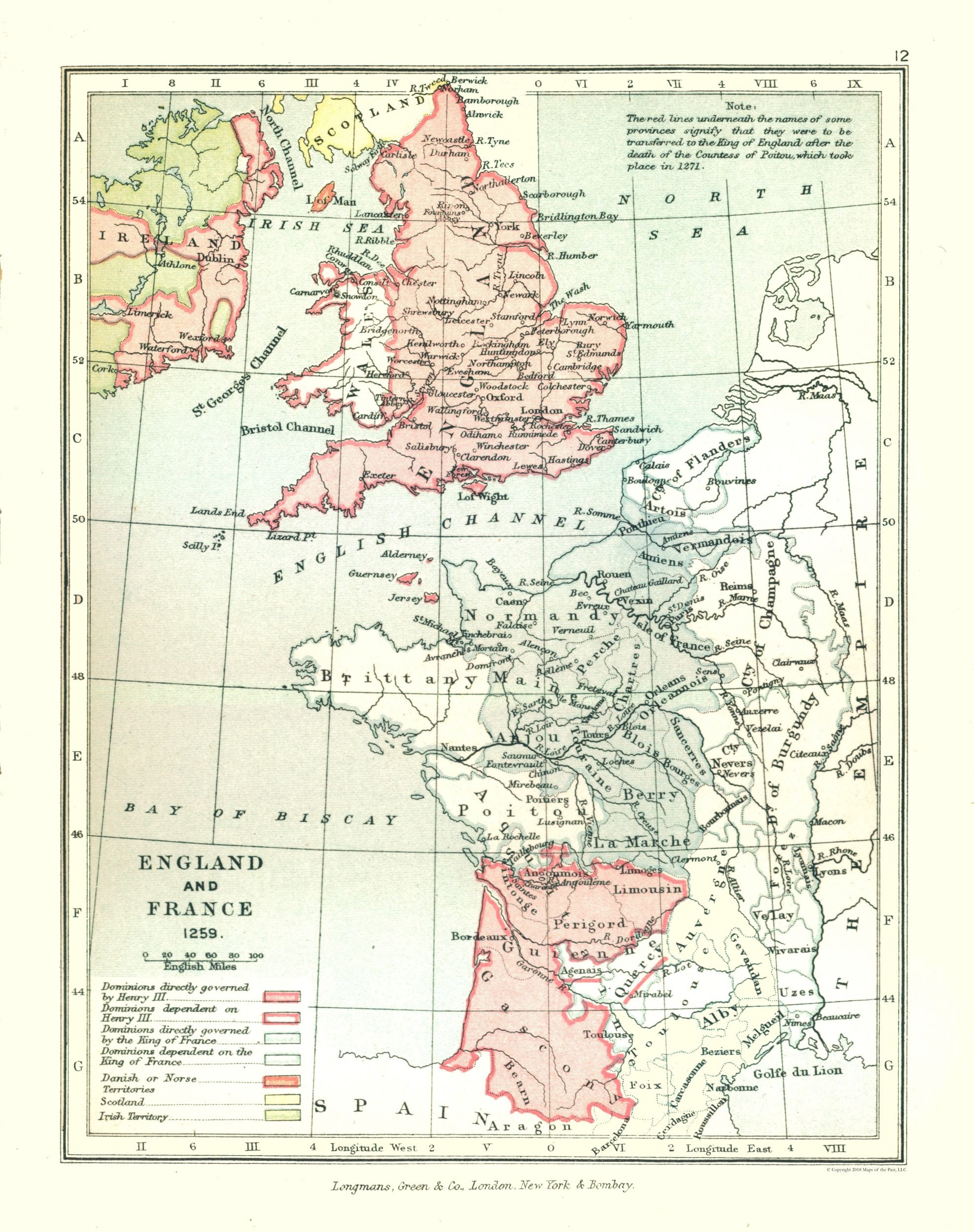 Historic Map - England France 1259 - Gardiner 1902 - 23 x 29.11 - Vint 