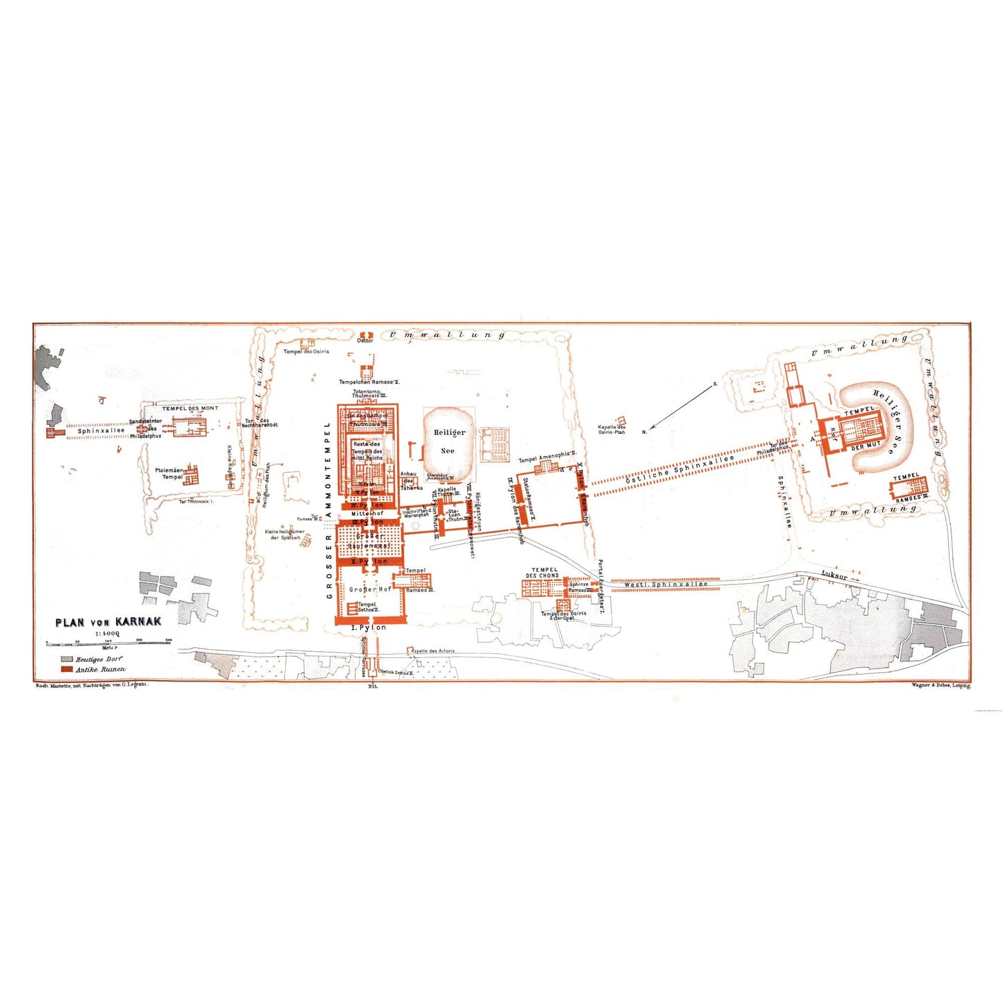 Historic Map - Karnak Egypt Plan - Baedeker 1913 - 54.22 x 23 - Vintage Wall Art
