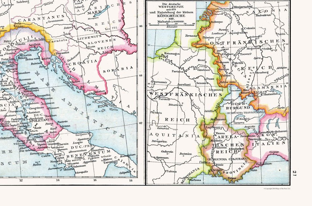 Historic Map - Central Europe Carolingians - Droysen 1886 - 34.77 x 23 - Vintage Wall Art