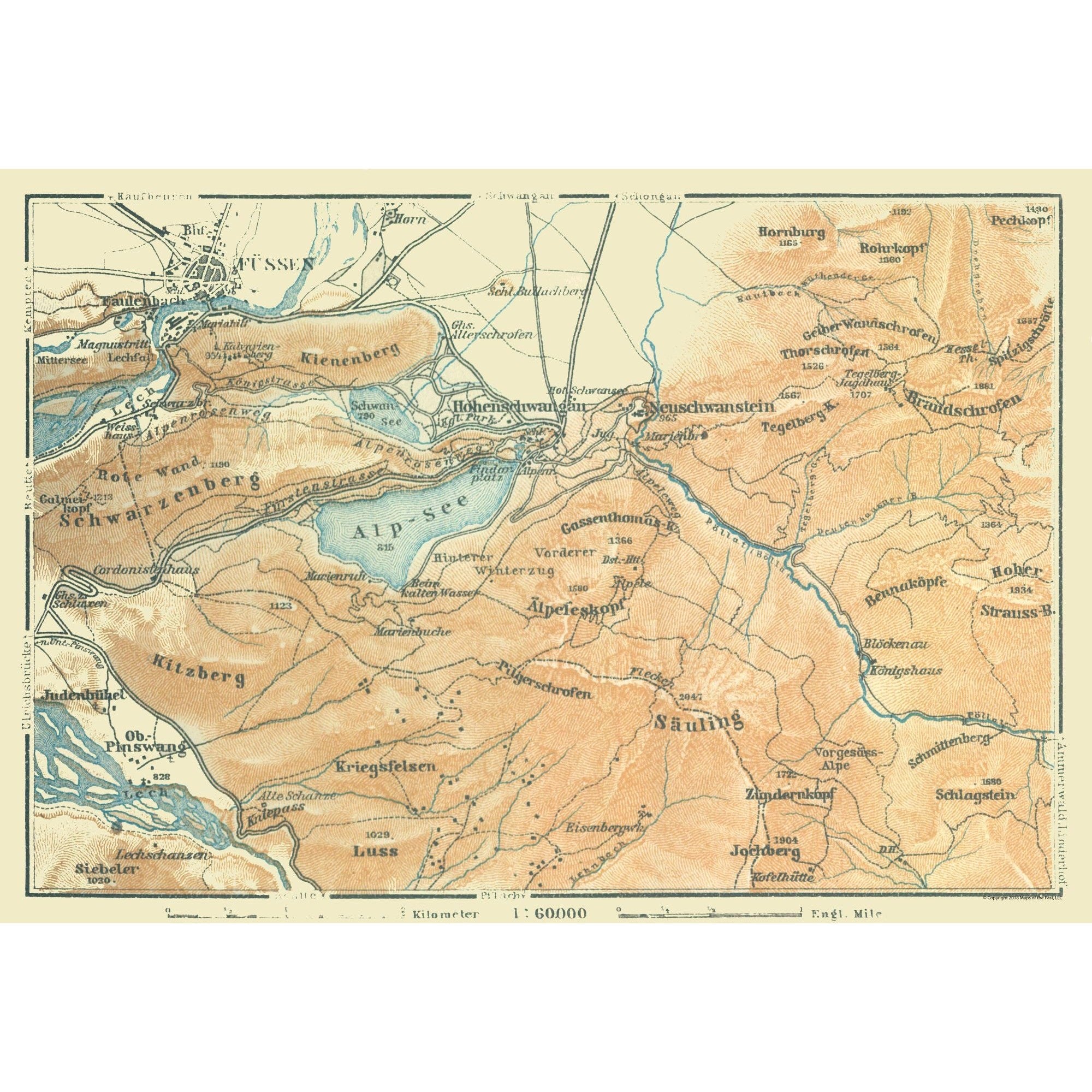 Historic Map Fussen Region Germany Baedeker 1914 33 29 X 23 Vi historic-map-fussen-region-germany-baedeker-1914-33-29-x-23-vi