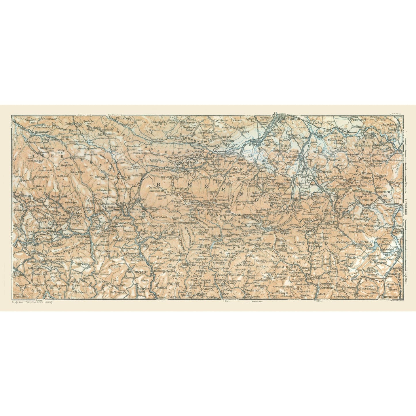 Historic Map - Isergebirge Riesengebirge Germany - Baedeker 1914 - 46.34 x 23 - Vintage Wall Art