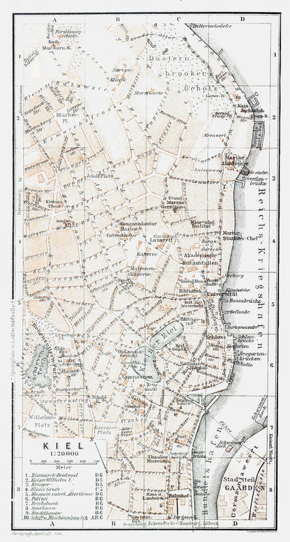 Historic Map - Kiel Germany - Baedeker 1914 - 23 x 43.00 - Vintage Wall Art