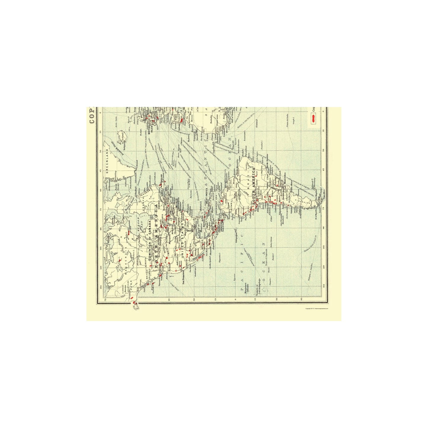 Historic Mine Map - Global Copper Production - Bartholomew 1907 - Vintage Wall Art