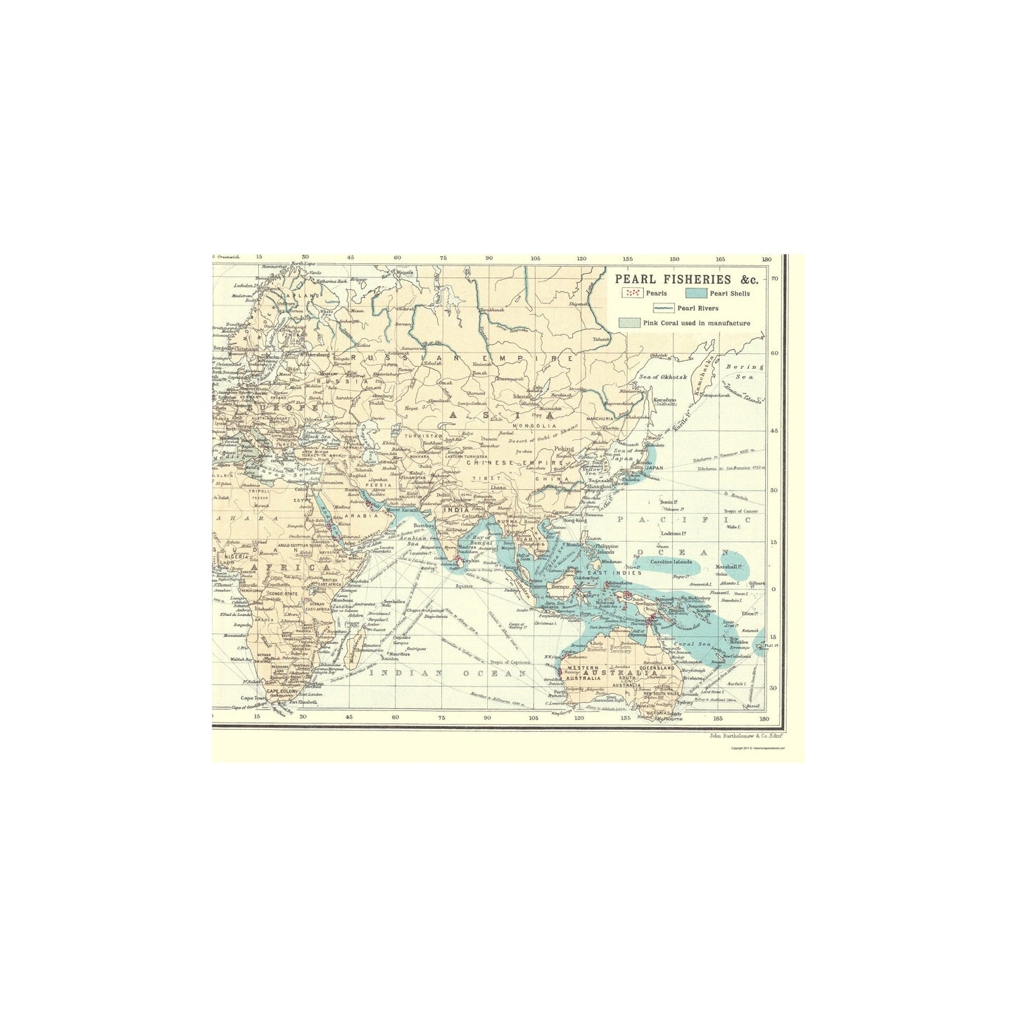 Historic Map - Global Precious Stones Pearls - Bartholomew 1907 - Vintage Wall Art