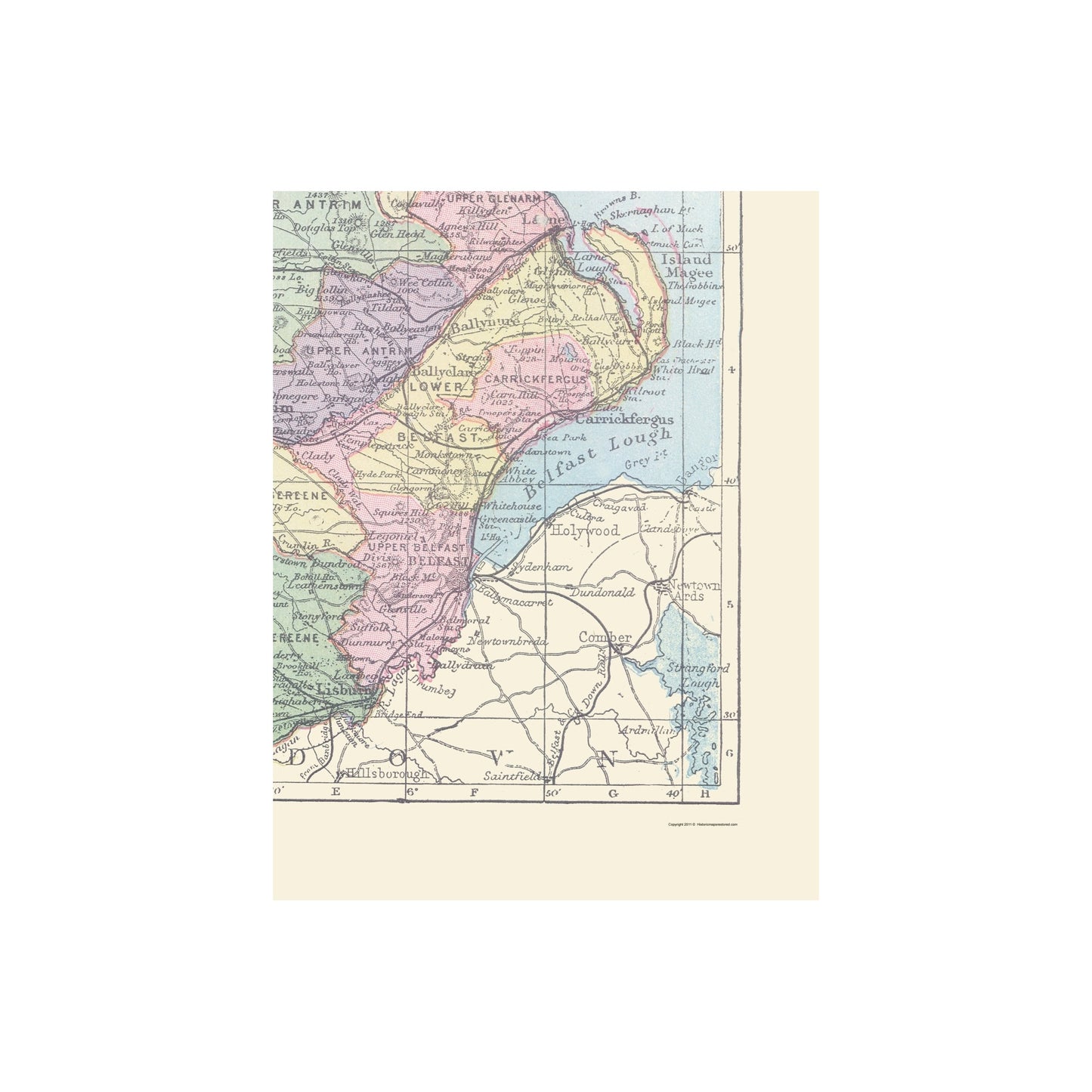 Historic Map - Antrim County Northern Ireland - Bartholomew 1882 - 23 x 29.88 - Vintage Wall Art