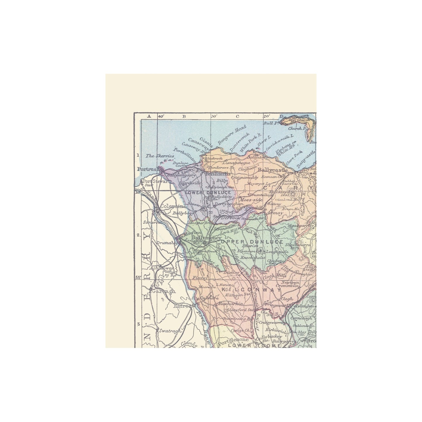 Historic Map - Antrim County Northern Ireland - Bartholomew 1882 - 23 x 29.88 - Vintage Wall Art