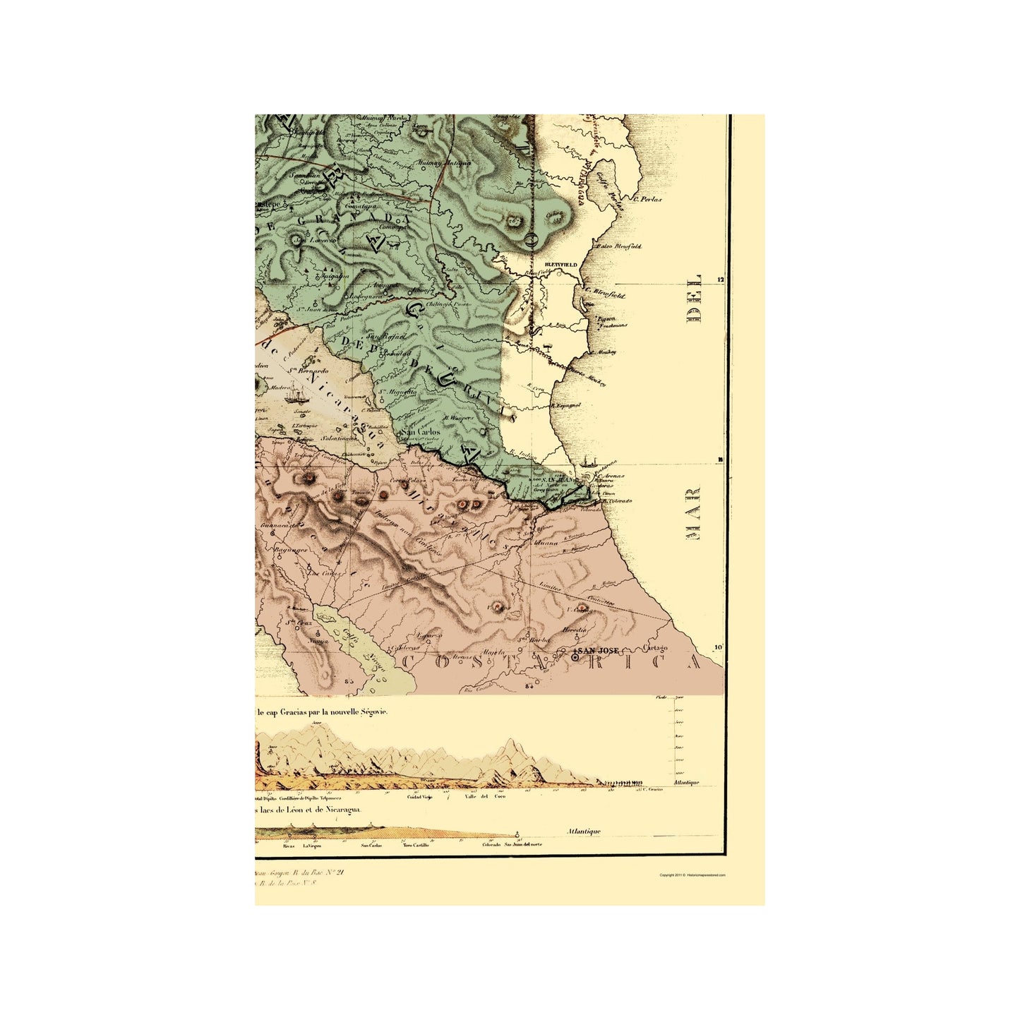Historic Nautical Map - Nicaragua Canal Topographic - Dupuy 1855 - Vintage Wall Art