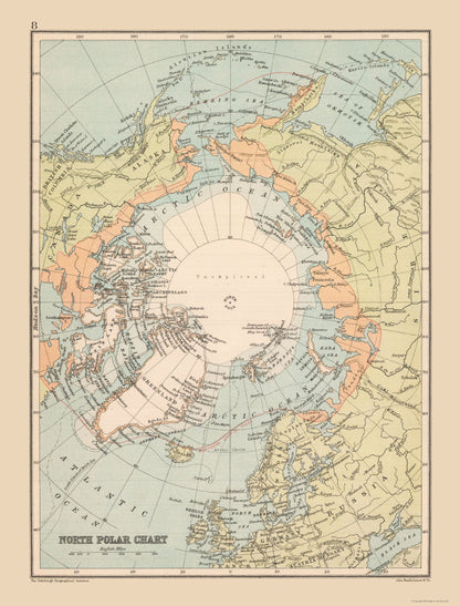Historic Map - North Polar Chart - Bartholomew 1892 - 23 x 30.23 - Vintage Wall Art
