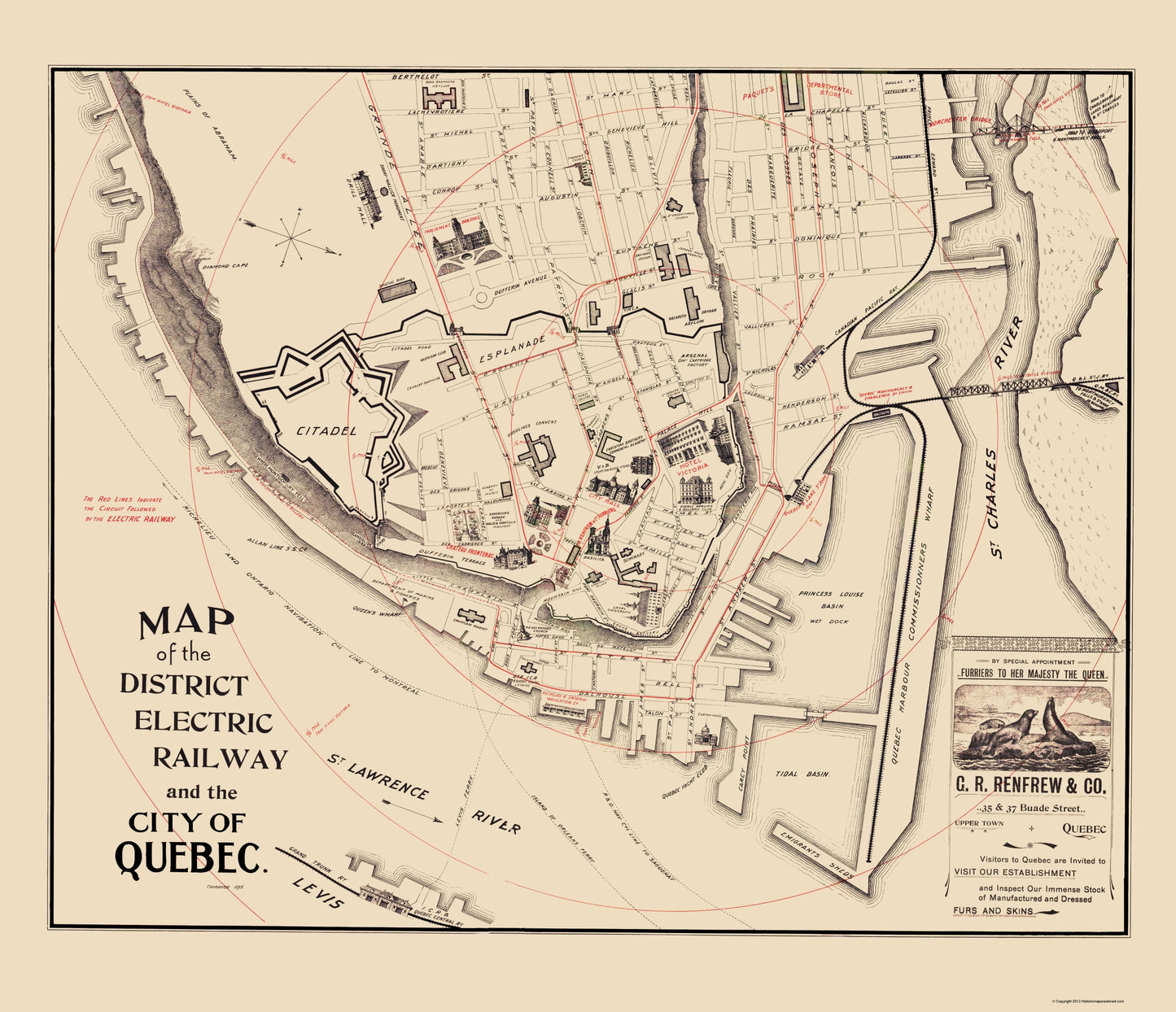 Historic Map - Quebec Canada Electric Railway - 1896 - 23 x 26.71 - Vintage Wall Art