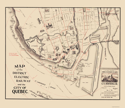 Historic Map - Quebec Canada Electric Railway - 1896 - 23 x 26.71 - Vintage Wall Art