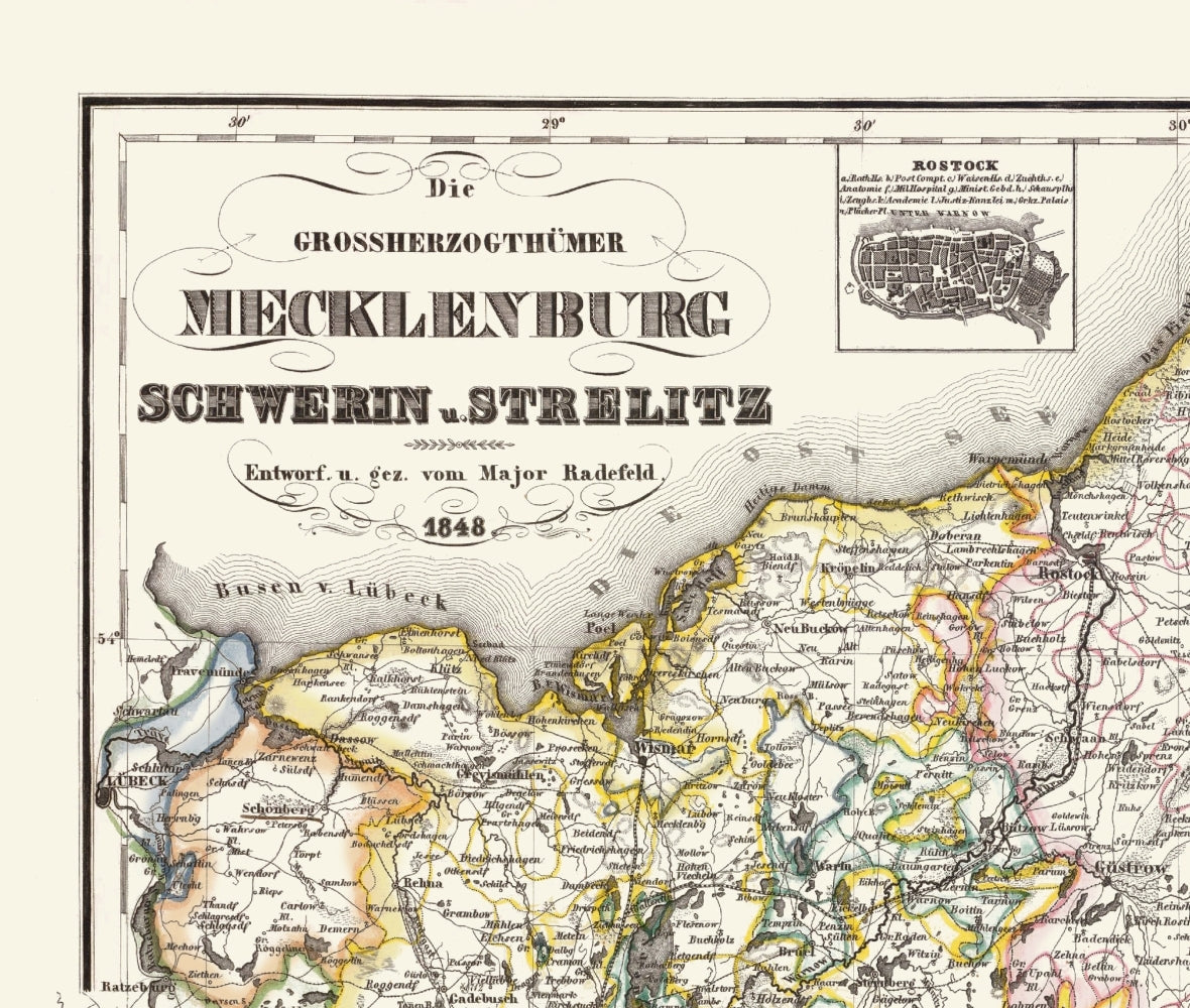 Historic Map - Rostock Schwerin Germany - Radefeld 1848 - 23 x 27.14 - Vintage Wall Art