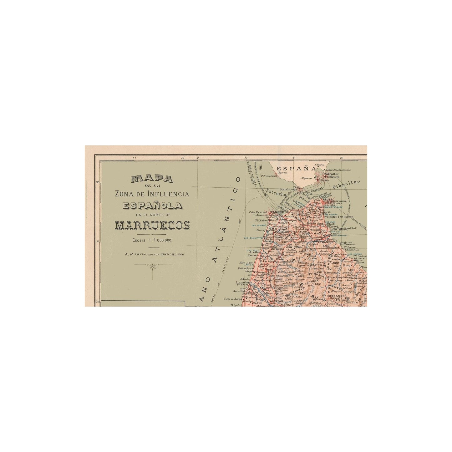 Historic Map - Spanish Morocco Africa Spain - Martin 1905 - 40.26 x 23 - Vintage Wall Art