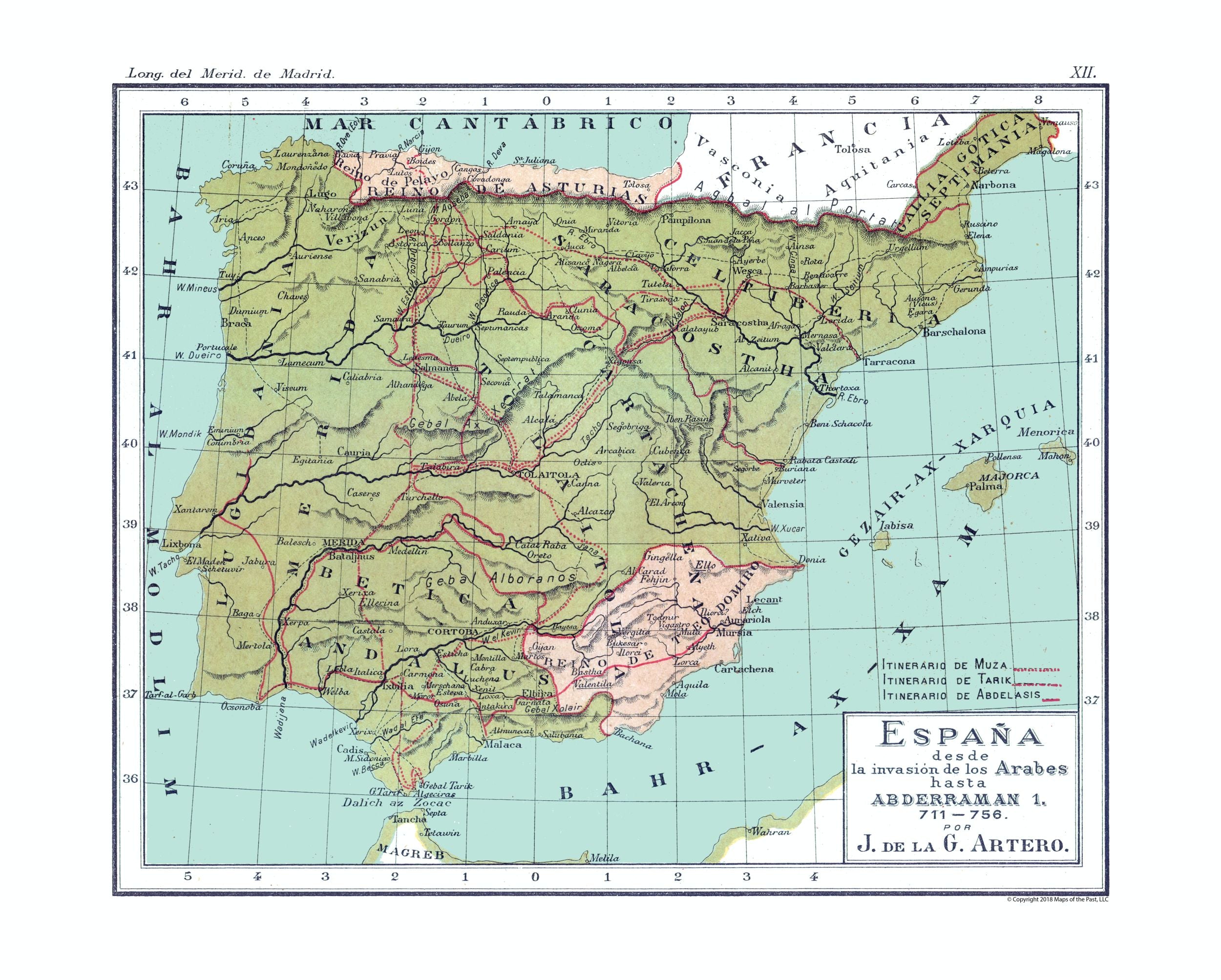 Historic Map Spain 711 AD To 756 AD Artero 1879 28 65 X 23 Vin historic-map-spain-711-ad-to-756-ad-artero-1879-28-65-x-23-vin