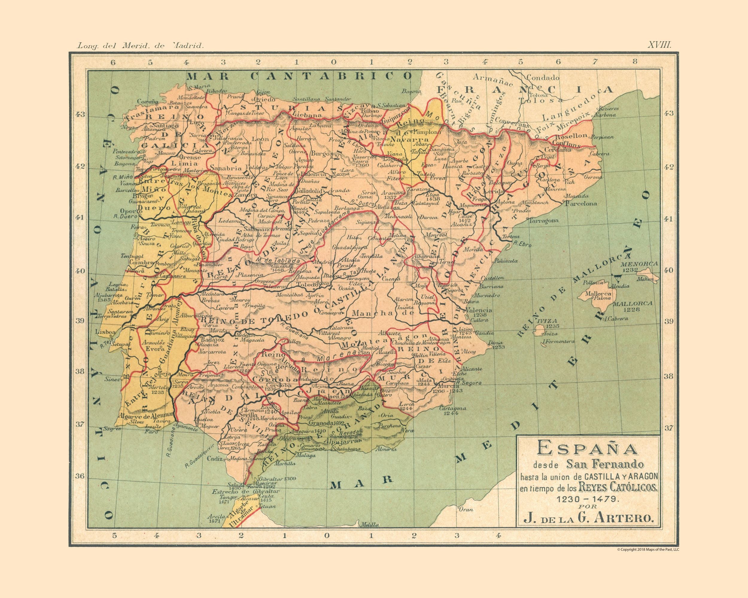 Historic Map Spain 1230 AD To 1479 AD Artero 1879 Vintage Wall A Historic Map Spain 1230 AD To 1479 AD Artero 1879 Vintage Wall A