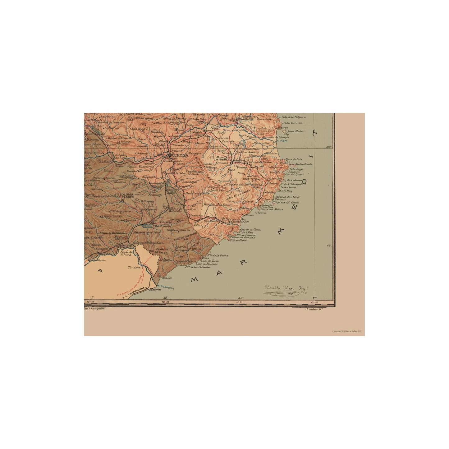 Historic Map - Girona Spain - Martine 1904 - 28.92 x 23 - Vintage Wall Art
