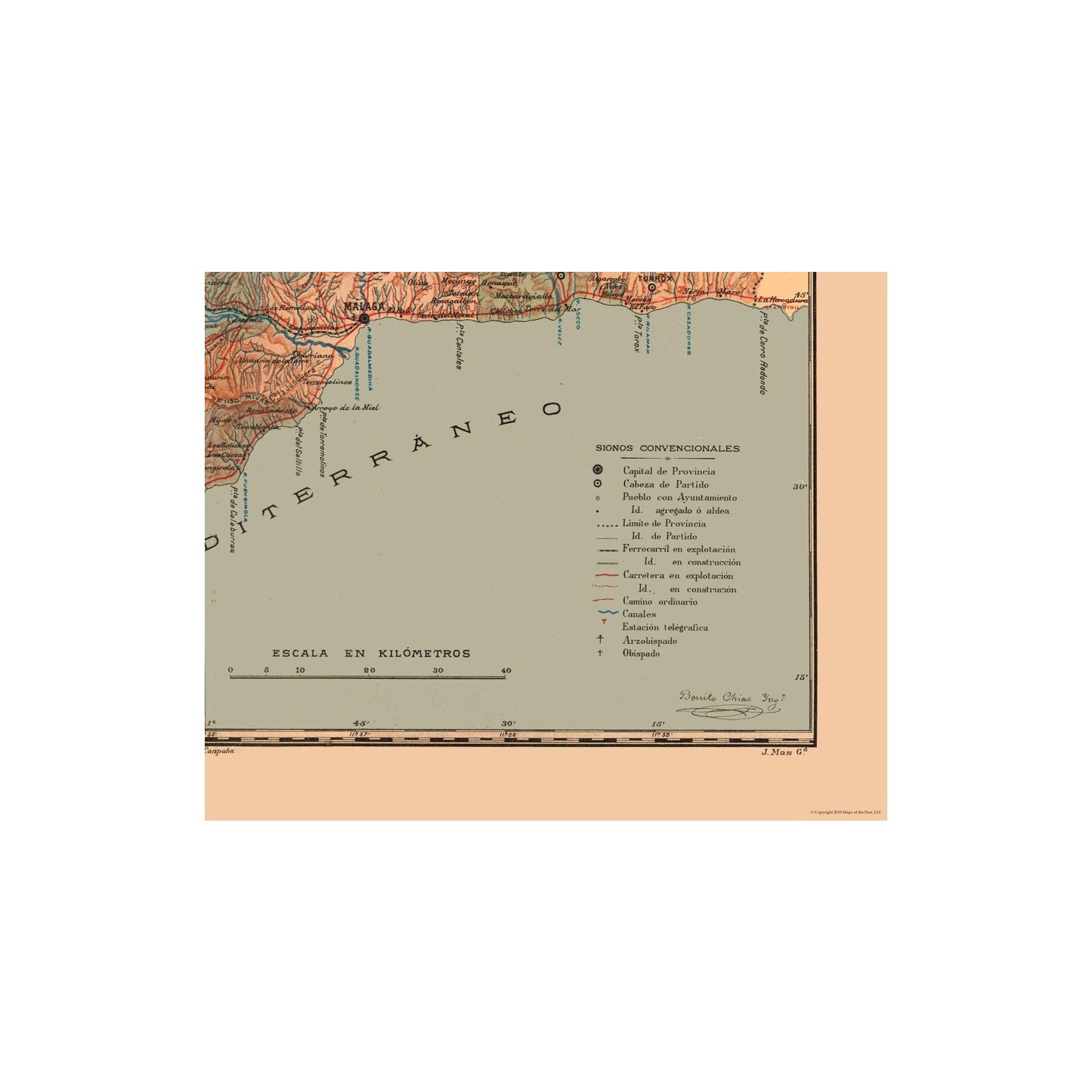Historic Map - Malaga Spain - Martine 1904 - 28.61 x 23 - Vintage Wall Art