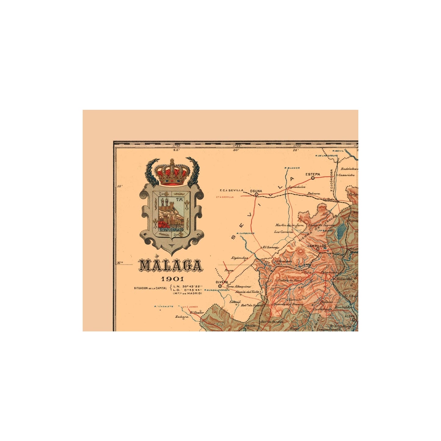 Historic Map - Malaga Spain - Martine 1904 - 28.61 x 23 - Vintage Wall Art