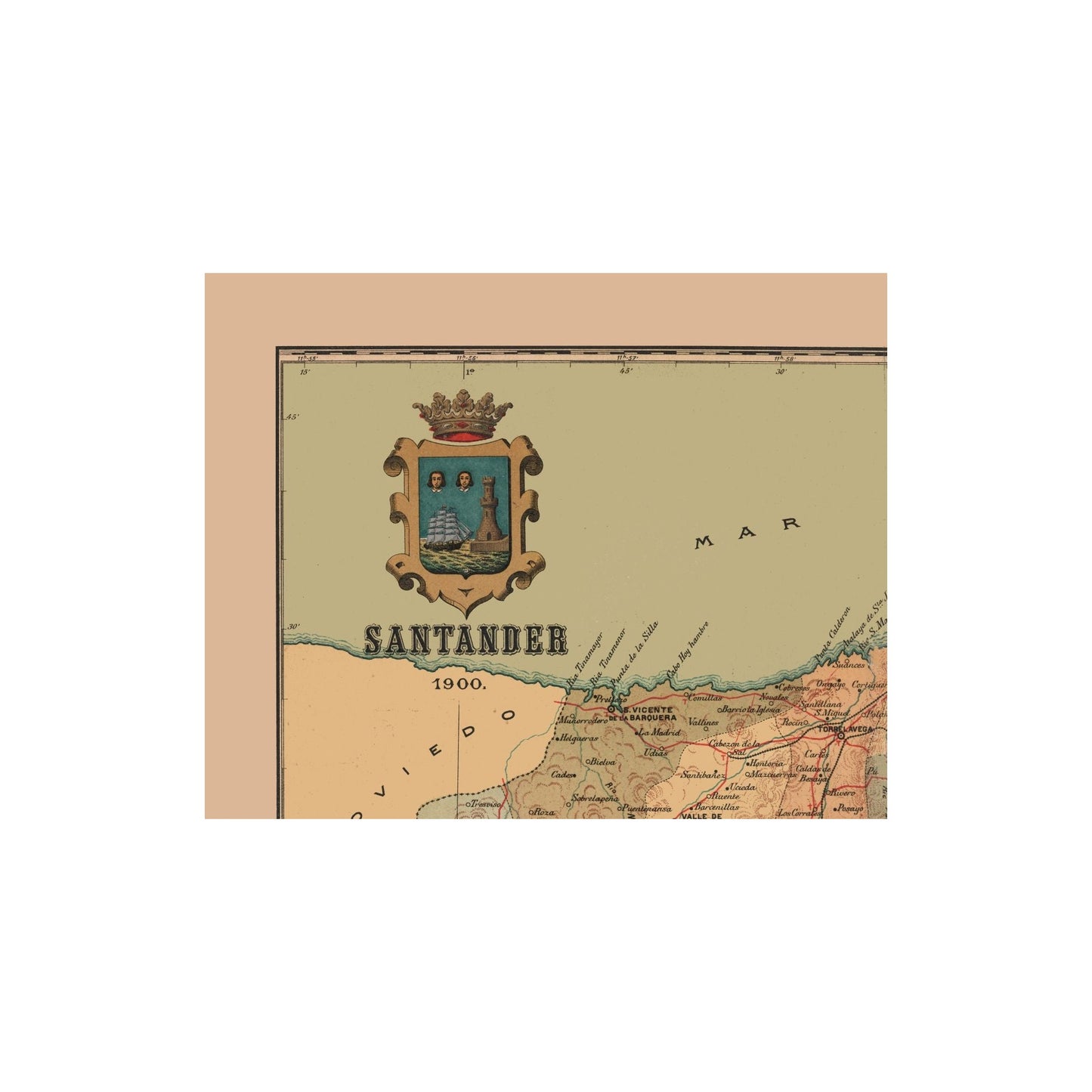 Historic Map - Santander Spain - Martine 1904 - 28.76 x 23 - Vintage Wall Art