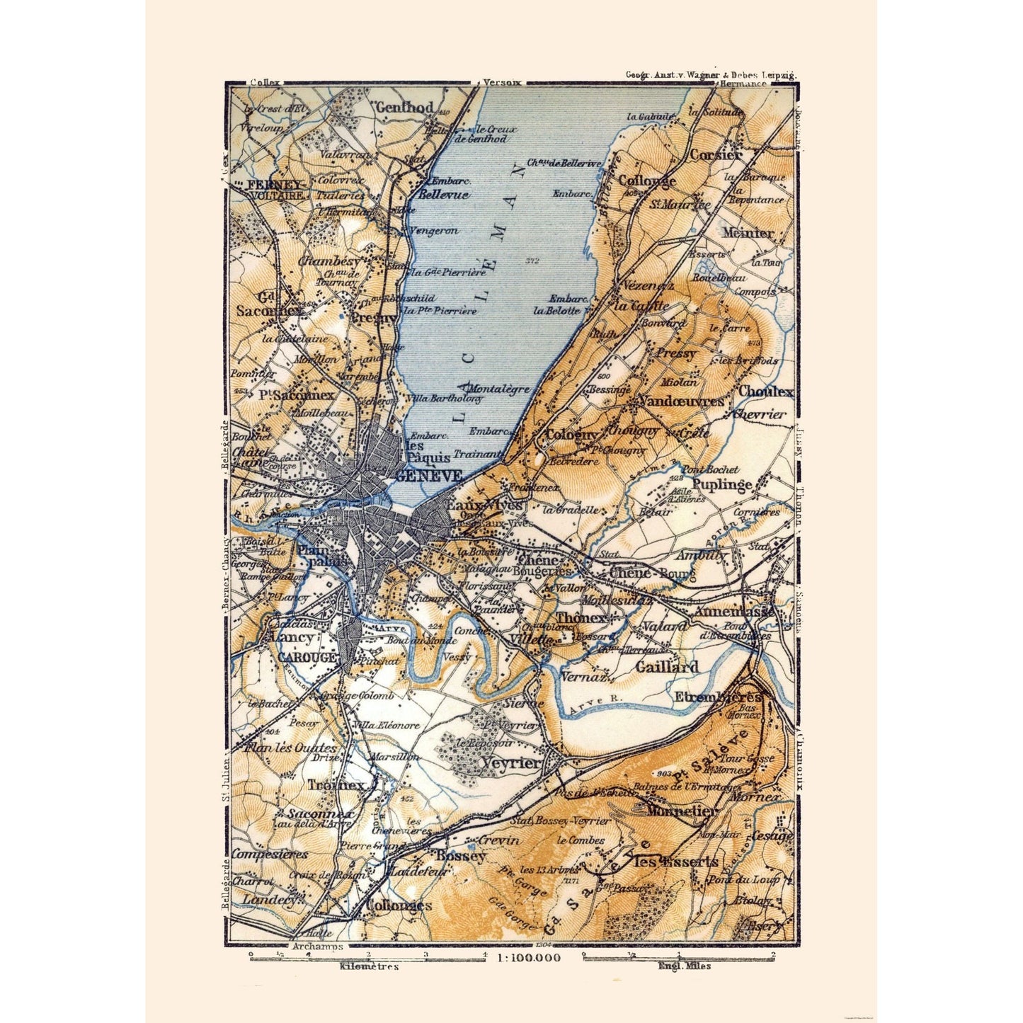 Historic Map - Geneva Switzerland France - Baedeker 1921 - 23 x 32.14 - Vintage Wall Art
