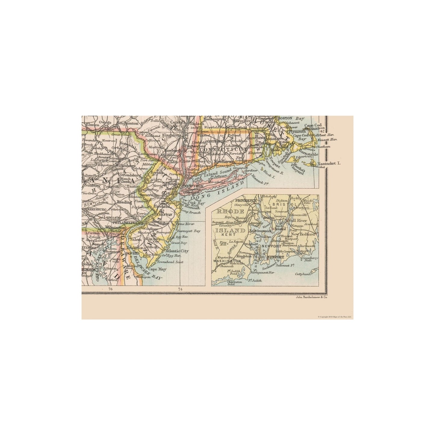 Historic Map - United States North Eastern - Bartholomew 1892 - 30.68 x 23 - Vintage Wall Art