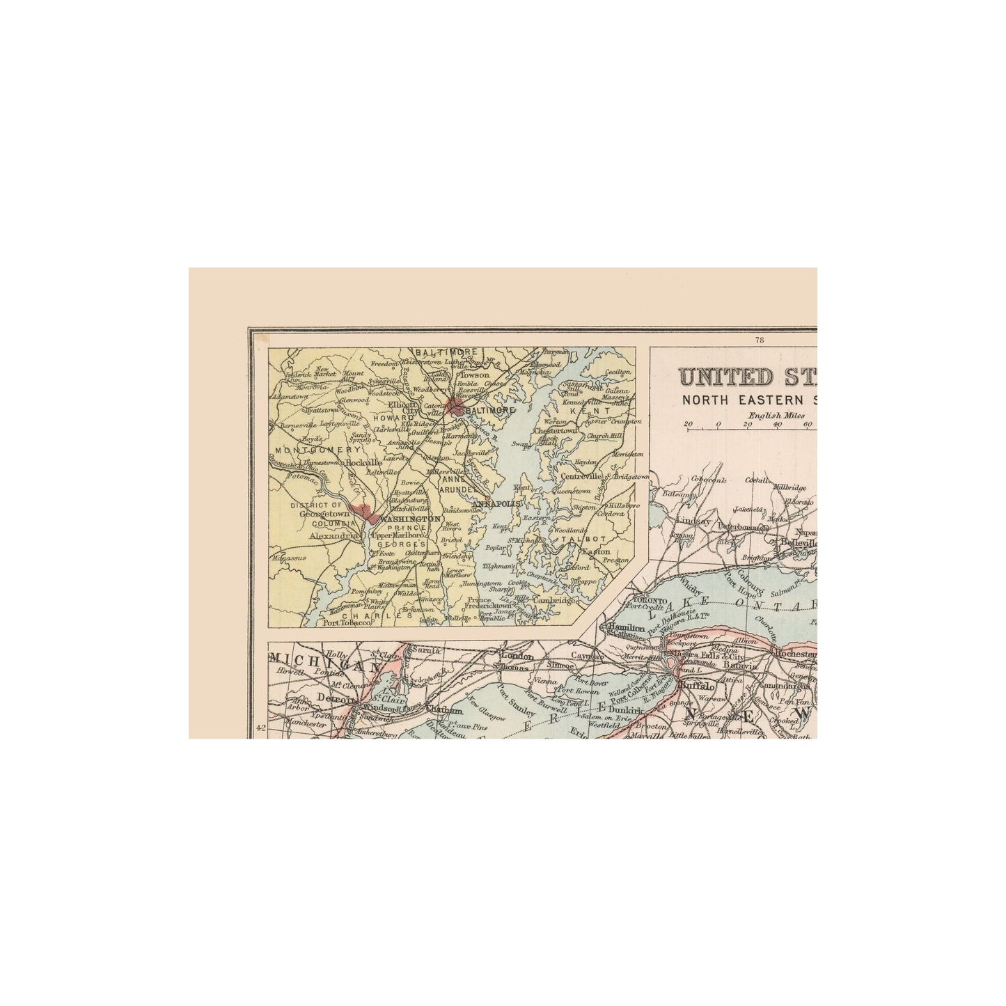 Historic Map - United States North Eastern - Bartholomew 1892 - 30.68 x 23 - Vintage Wall Art